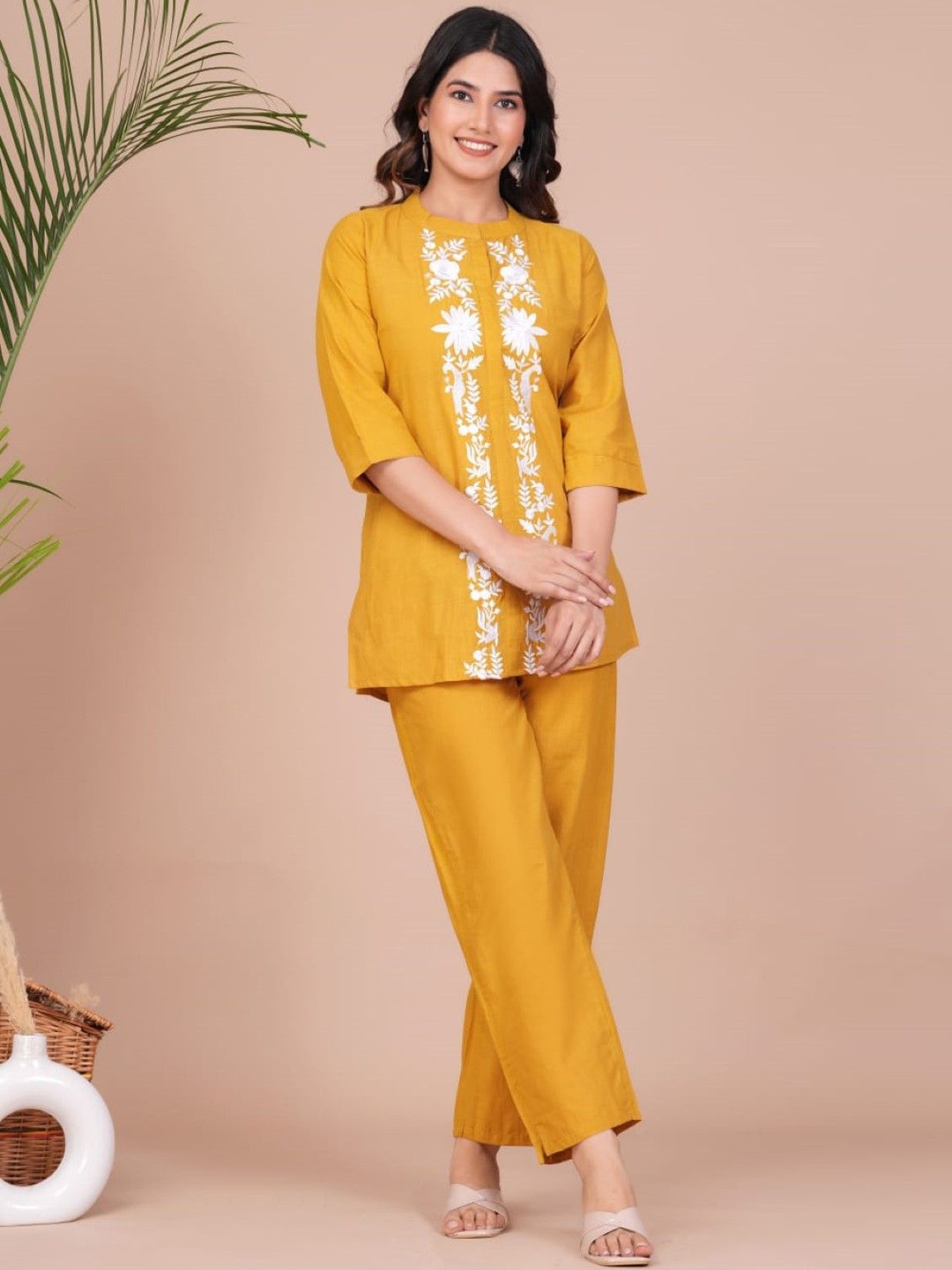 

ANTU KURTIES Ethnic Motifs Embroidered Thread Work Top With Trousers, Yellow