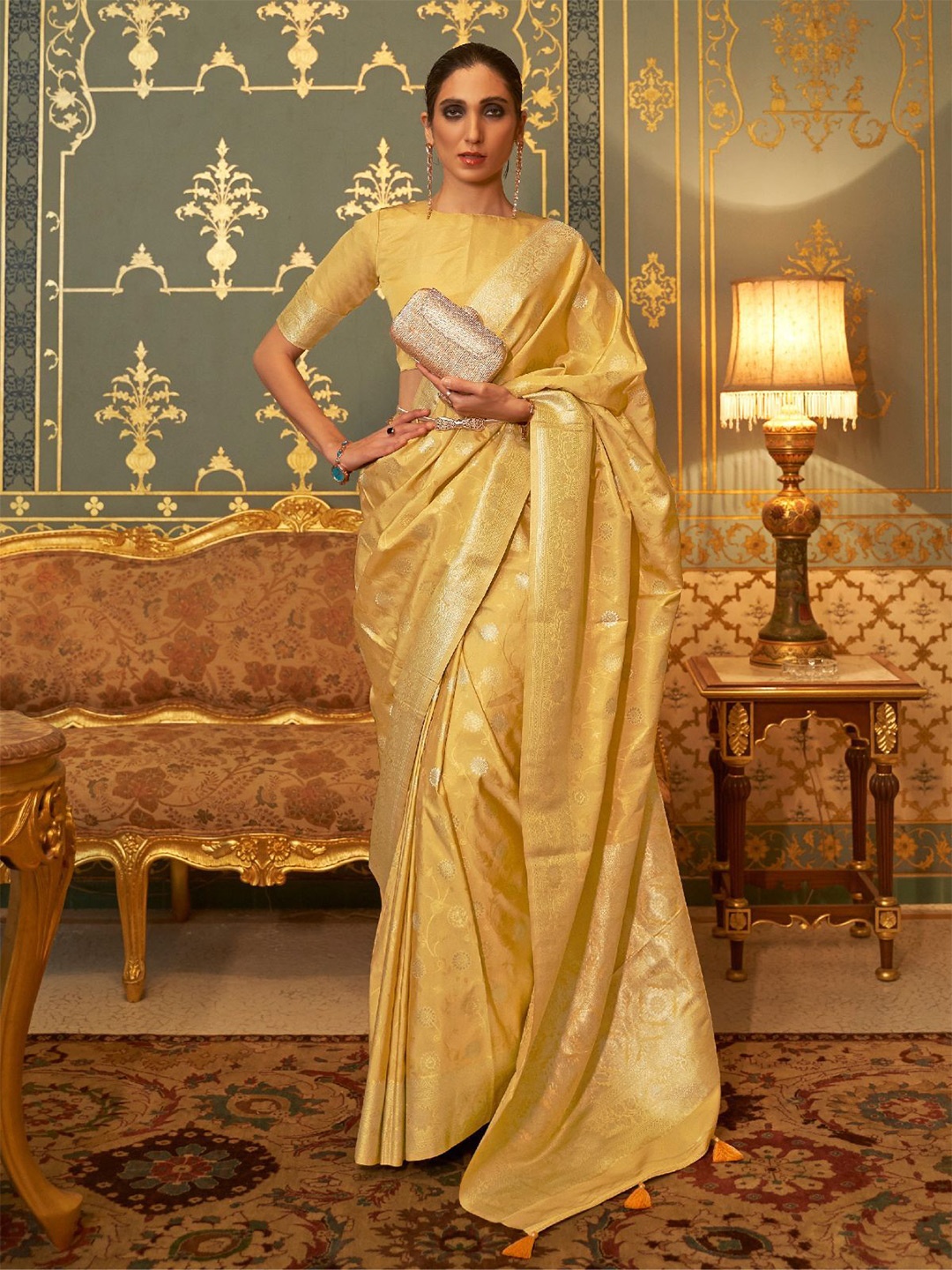 

ODETTE Ethnic Motifs Woven Design Zari Saree, Yellow