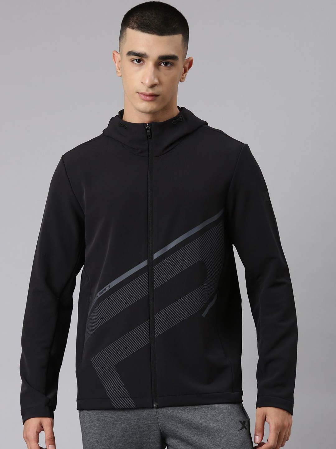 

Xtep Men Printed Windcheater Training or Gym Sporty Jacket, Black