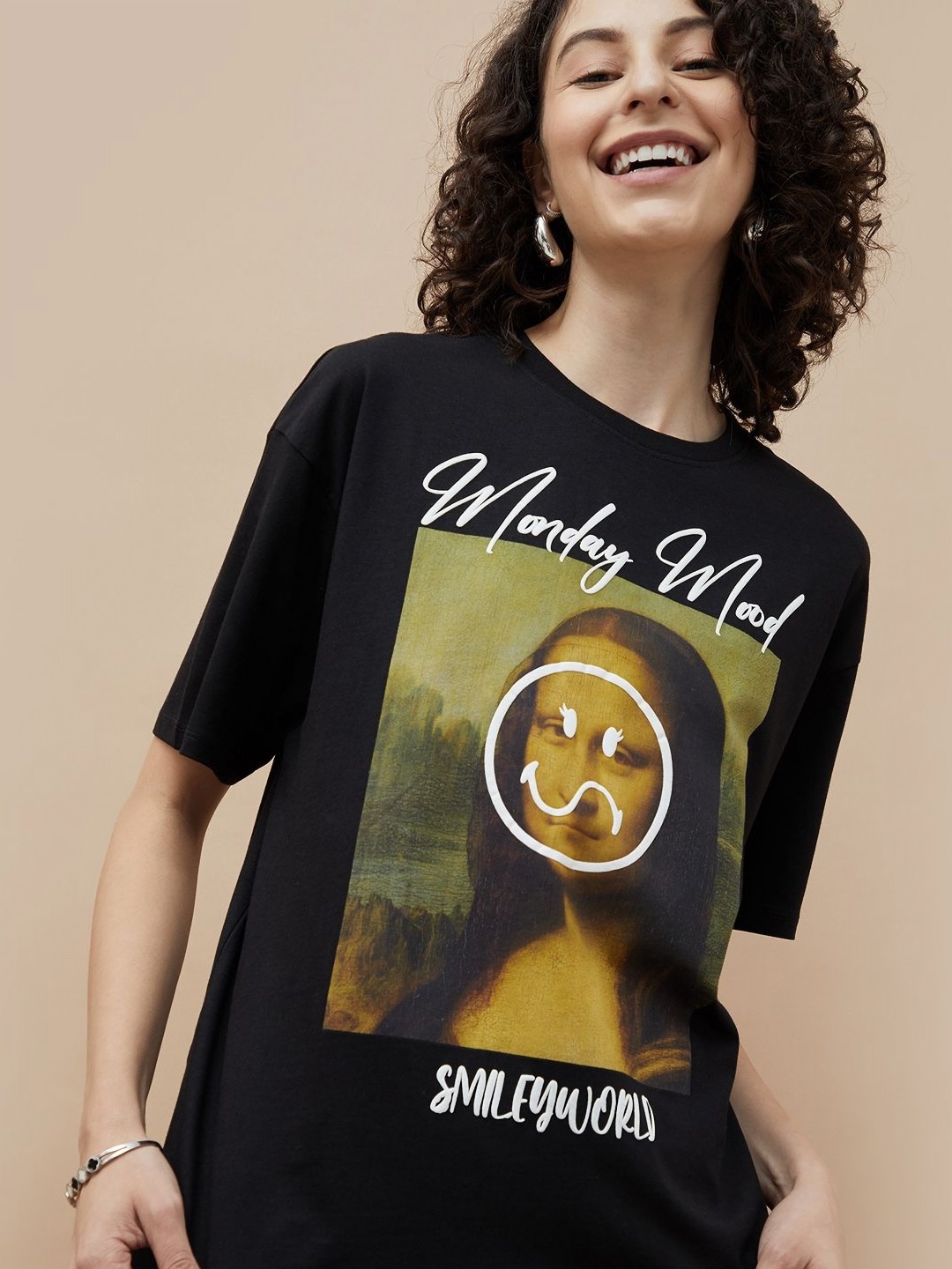 

SmileyWorld Women Graphic Smiley Printed Round Neck Cotton T-shirt, Black