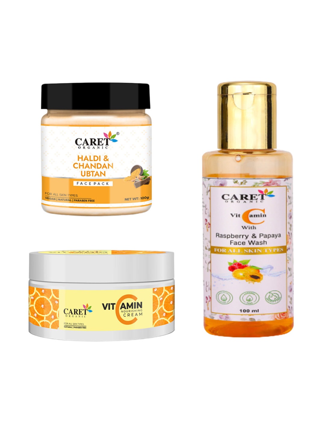 

CARET ORGANIC Ubtan Face Pack, Papaya Face Wash & Nourishing Cream Combo- 100 g Each, White