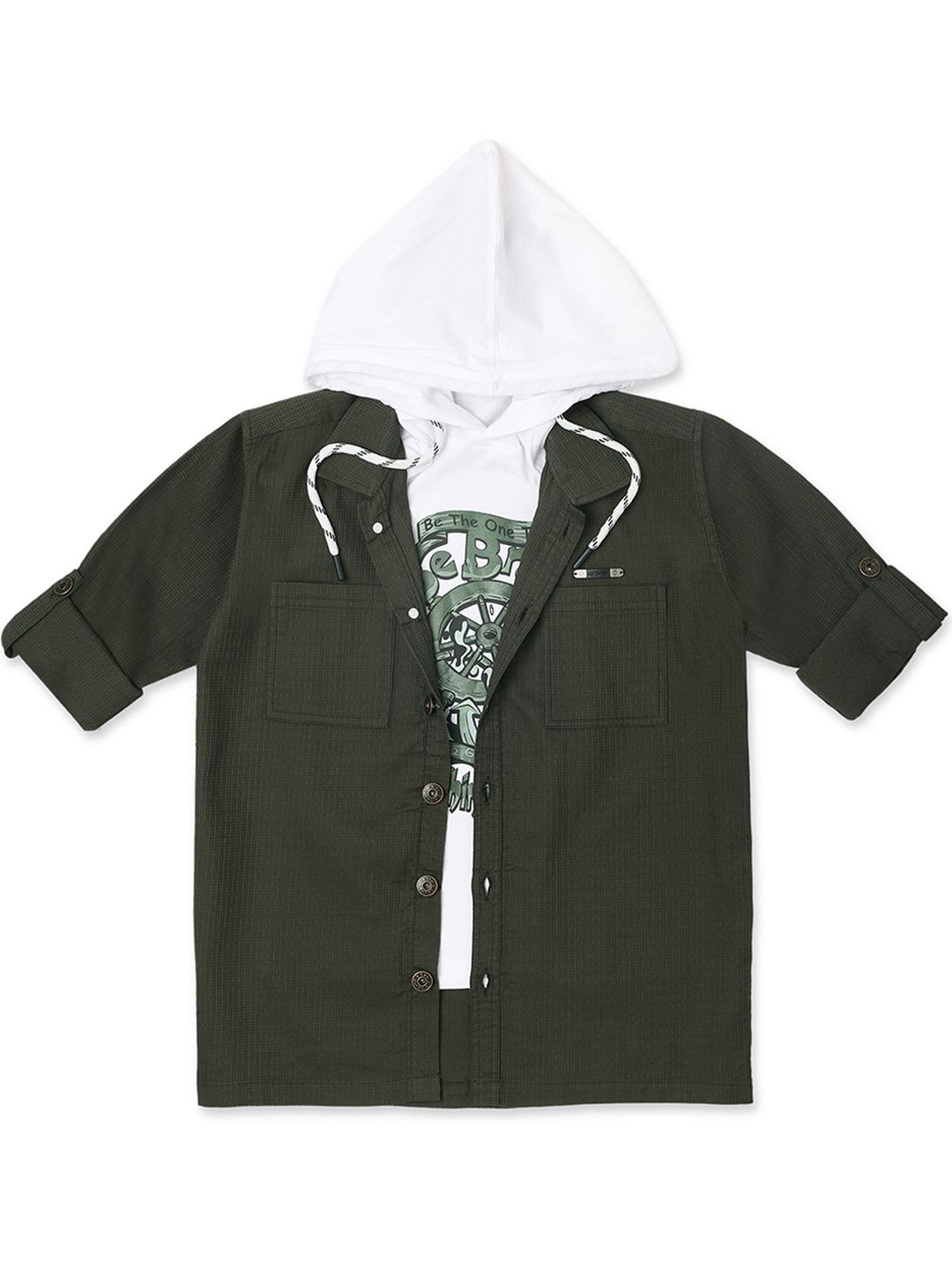 

CAVIO Boys Comfort Graphic Printed Pure Cotton Casual Shirt Comes With T-shirt, Green