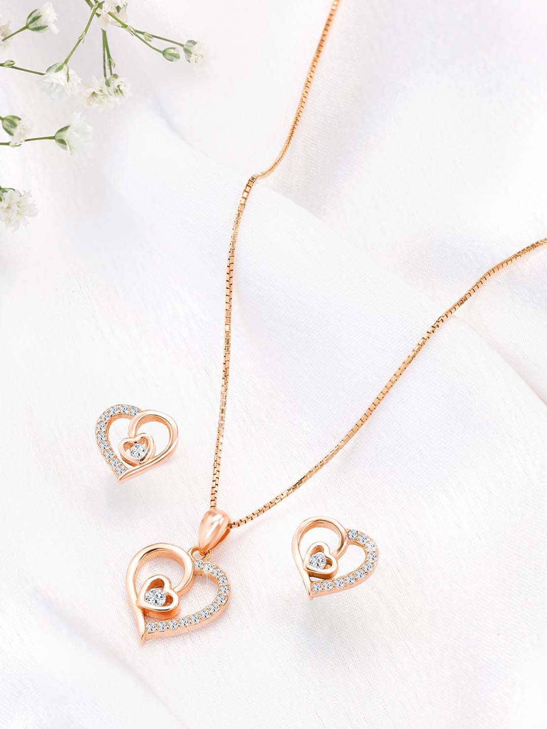 

Silvora by Peora 925 Sterling Silver Rose Gold-Plated Cubic Zirconia-Studded Jewellery Set