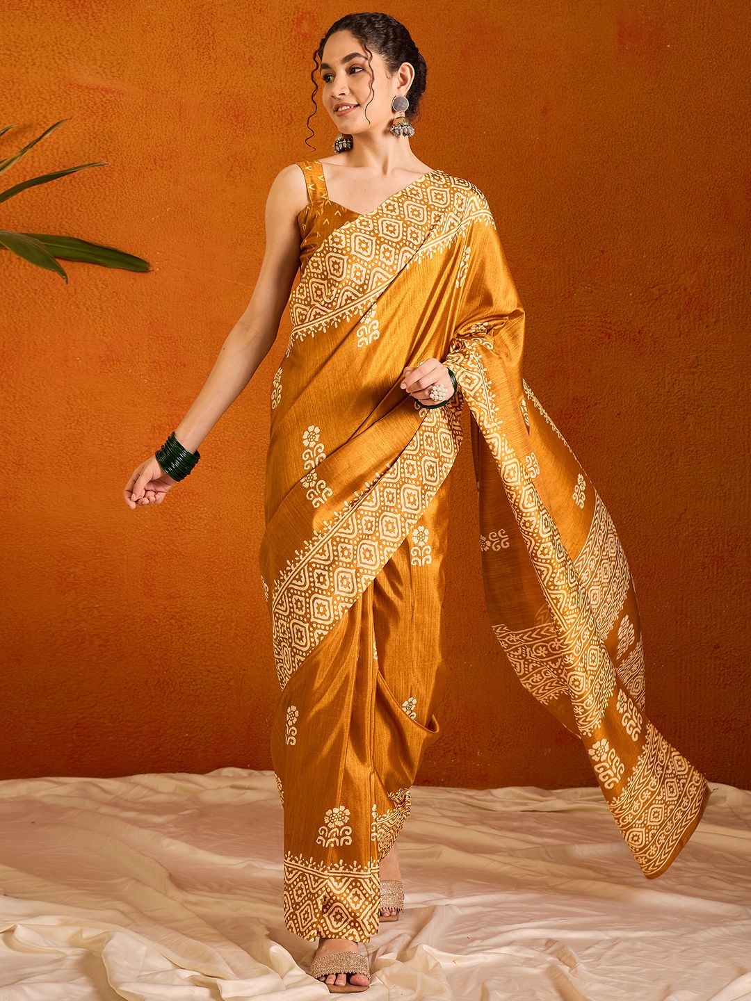 

KALINI Ethnic Motifs Bagru Saree, Mustard