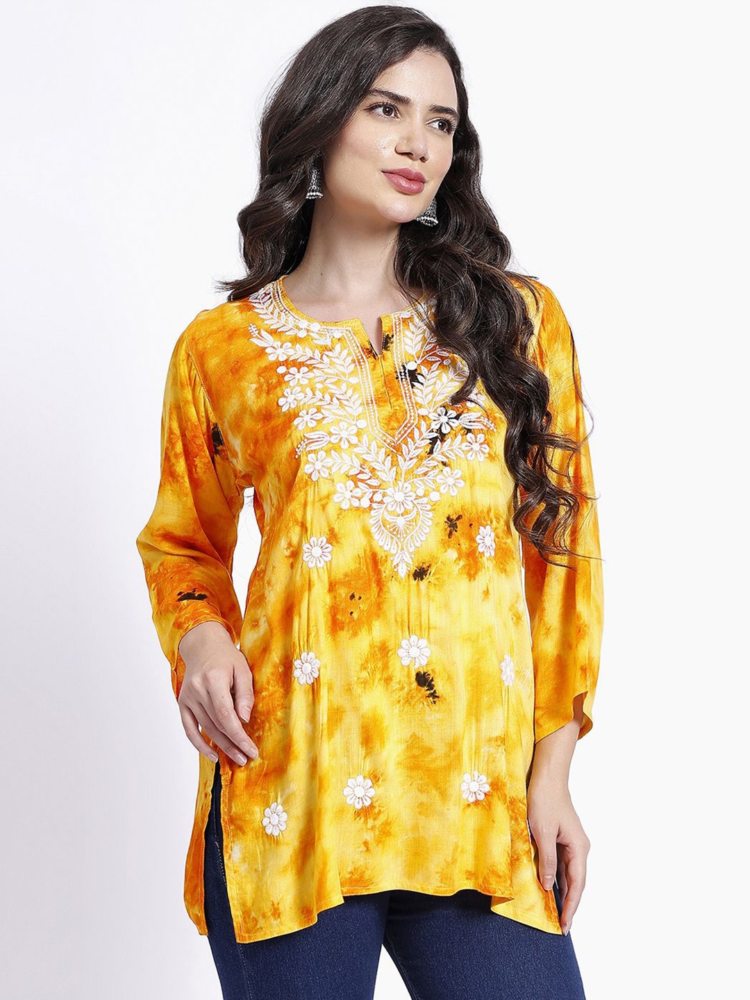 

NAZAQAT ETHNIC INDIA Women Embroidered Chikankari Kurti, Yellow