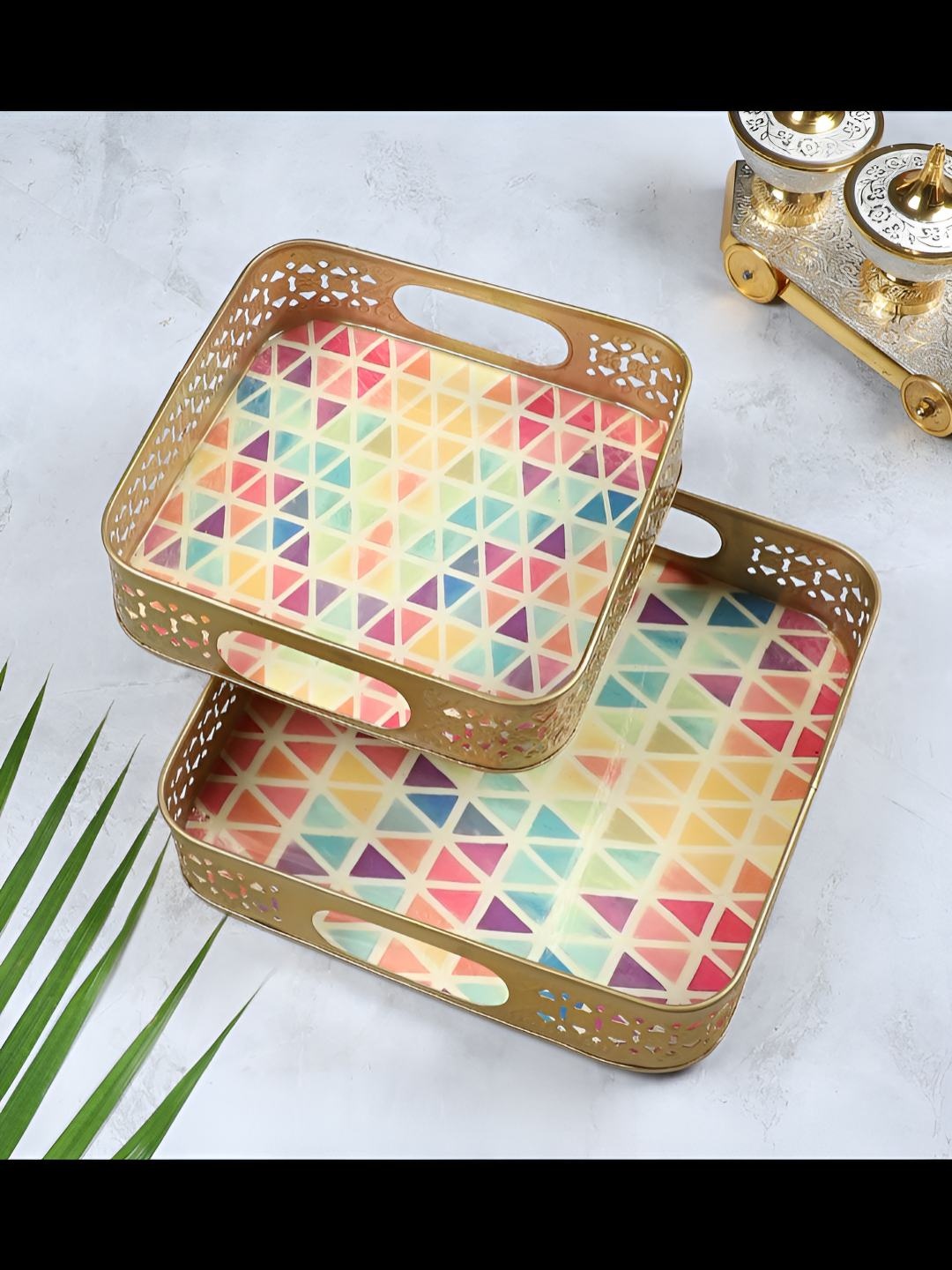 

Amaya Decors Gold-Toned & Pink 2 Pieces Triangle Tray Metal Serving Tray