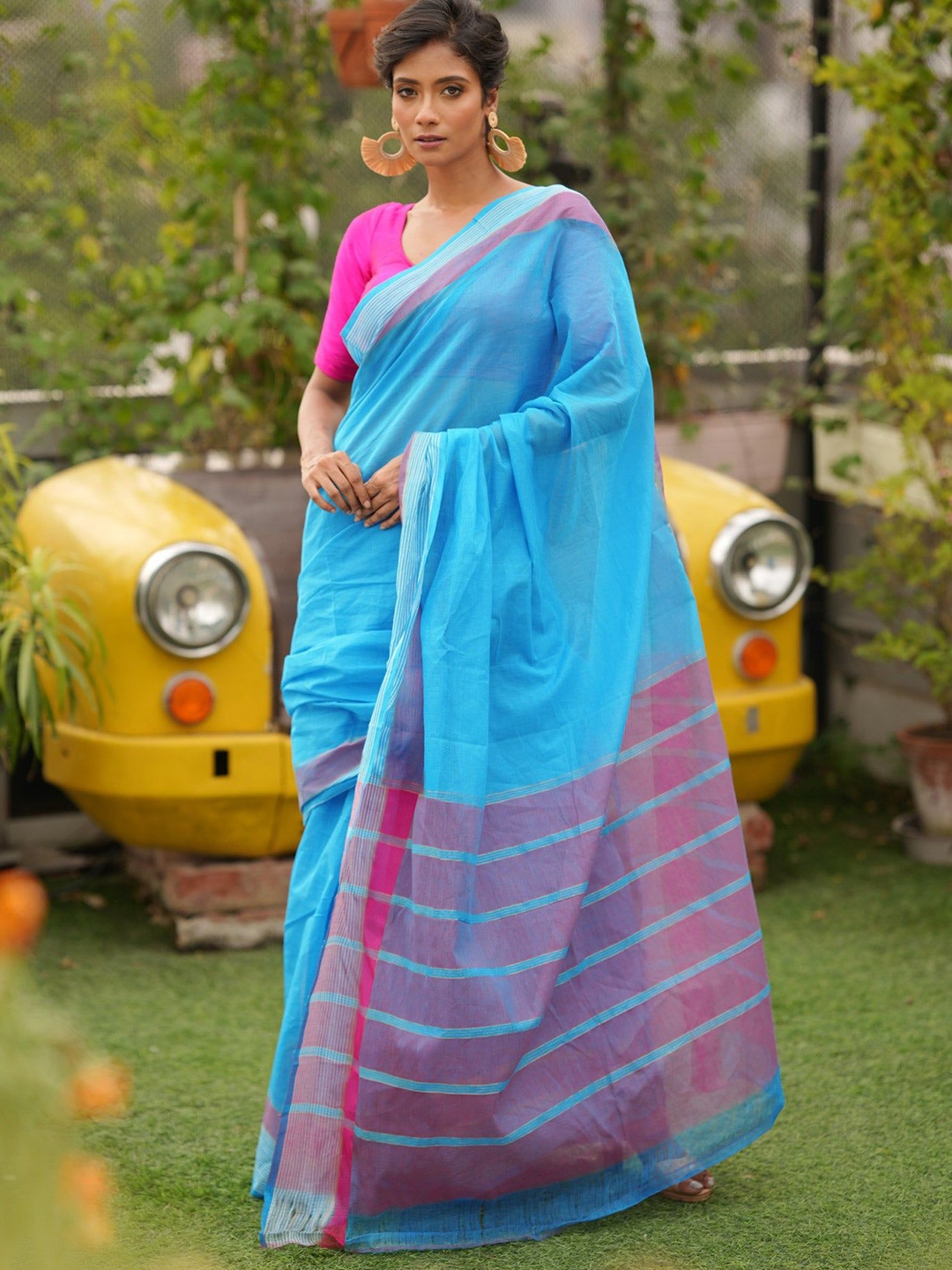 

Unnati Silks Solid Striped Pure Cotton Handloom Mangalagiri Saree, Blue