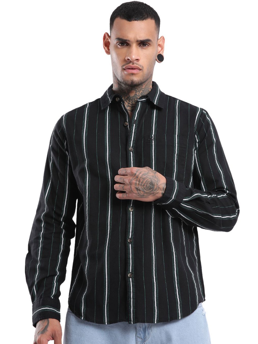 

WROGN Men Spread Collar Vertical Striped Cotton Casual Shirt, Black