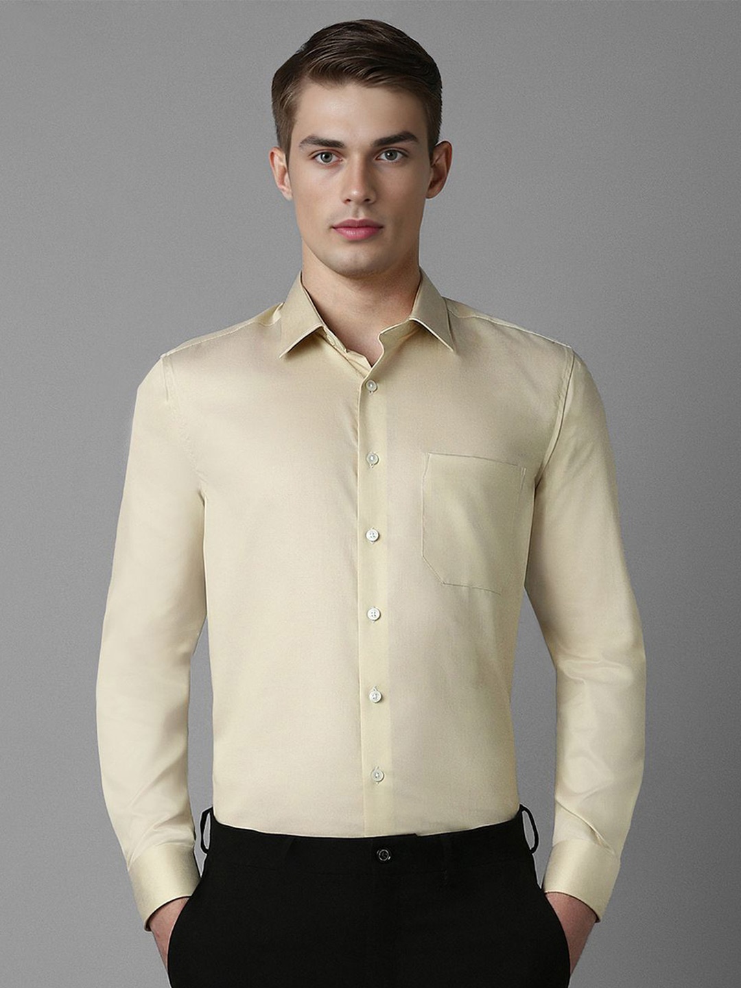 

Louis Philippe Men Spread Collar Solid Cotton Slim Fit Formal Shirt, Beige