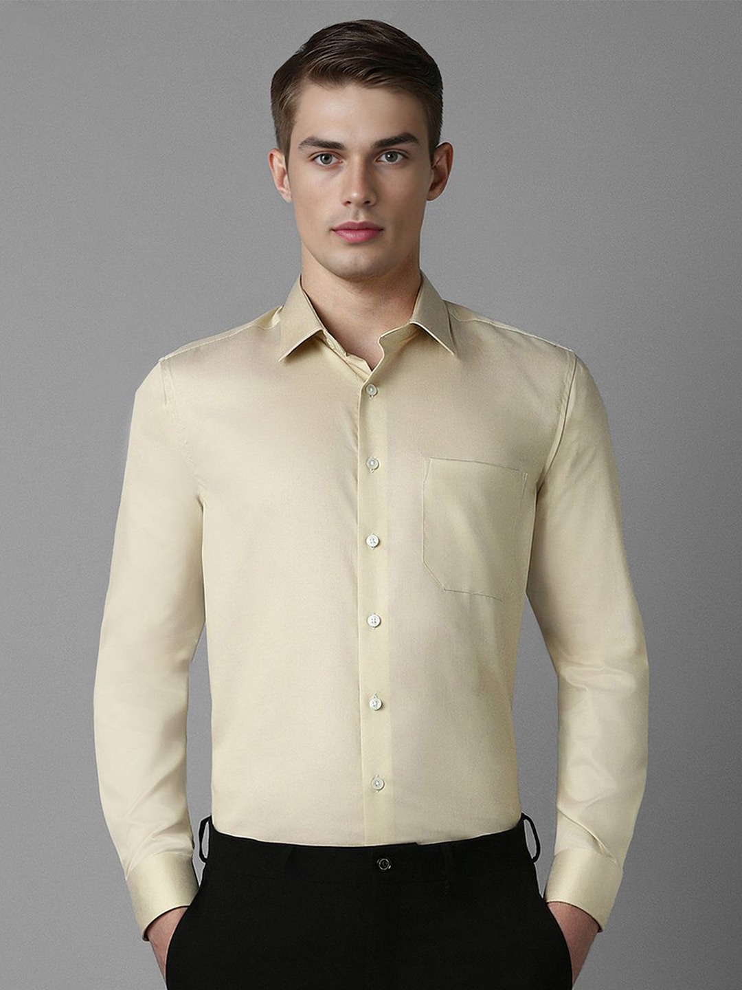 

Louis Philippe Men Spread Collar Solid Cotton Slim Fit Formal Shirt, Beige