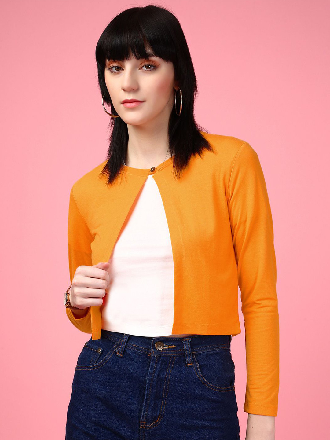 

DressBerry Orange Round Neck Open Front Crop Shrug