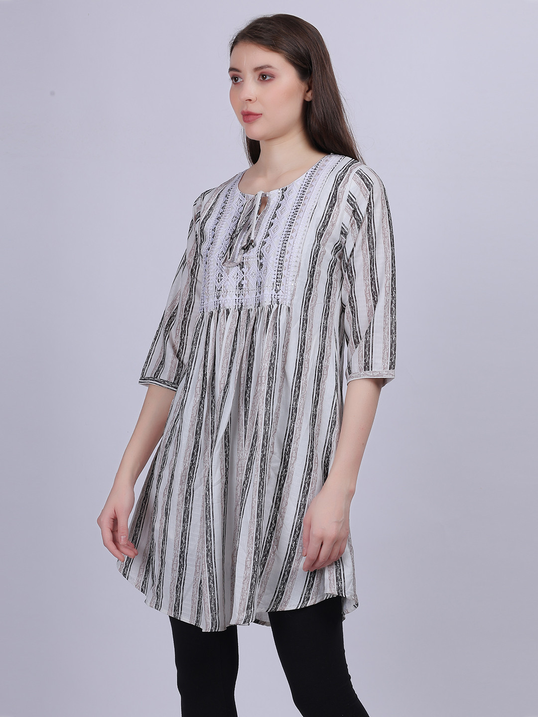 

Aumbe Women Vertical Striped Tie-Up Neck Cotton Top, White