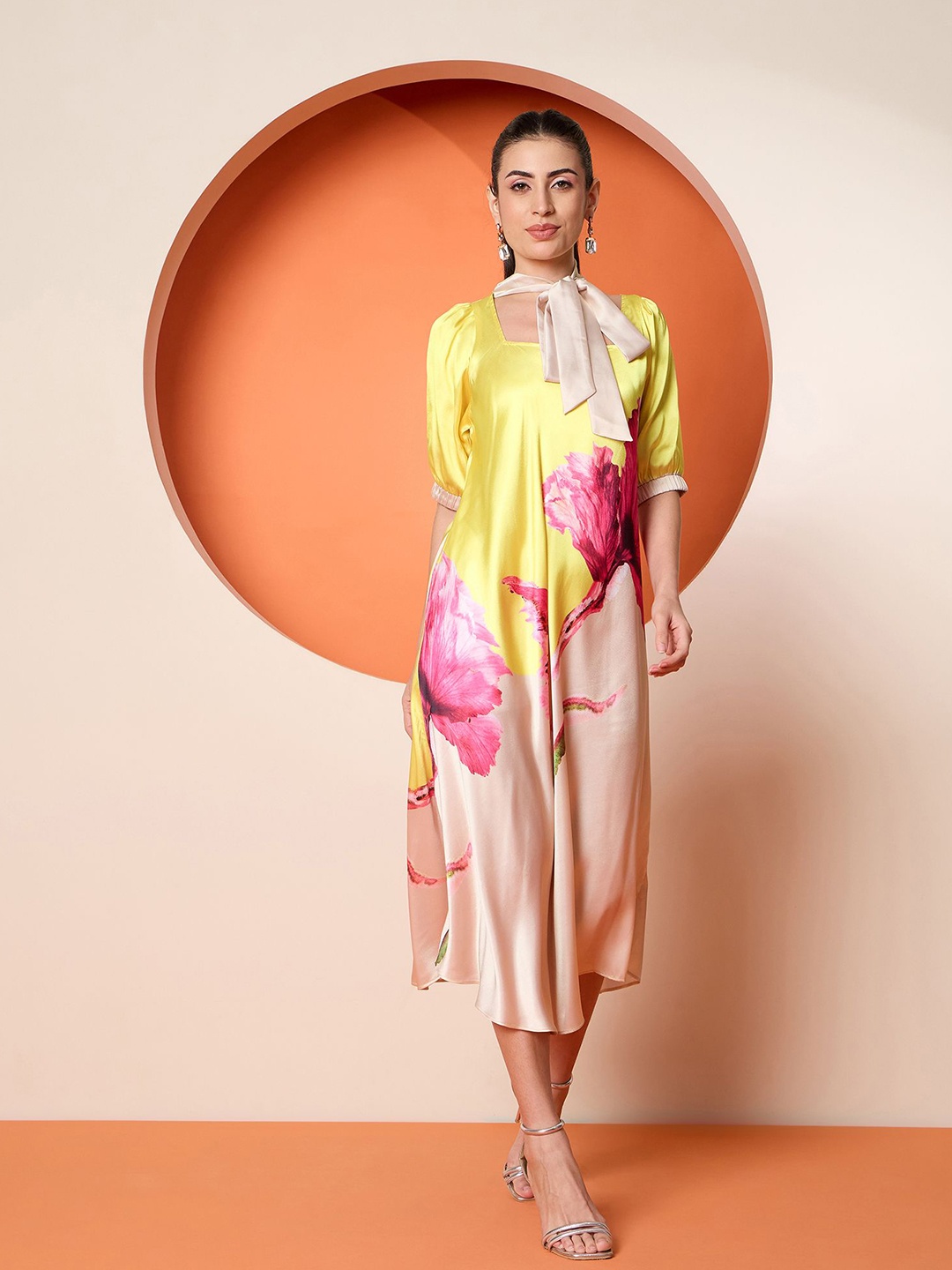 

Antheaa Women Floral Print Puff Sleeve A-Line Midi Dress, Yellow