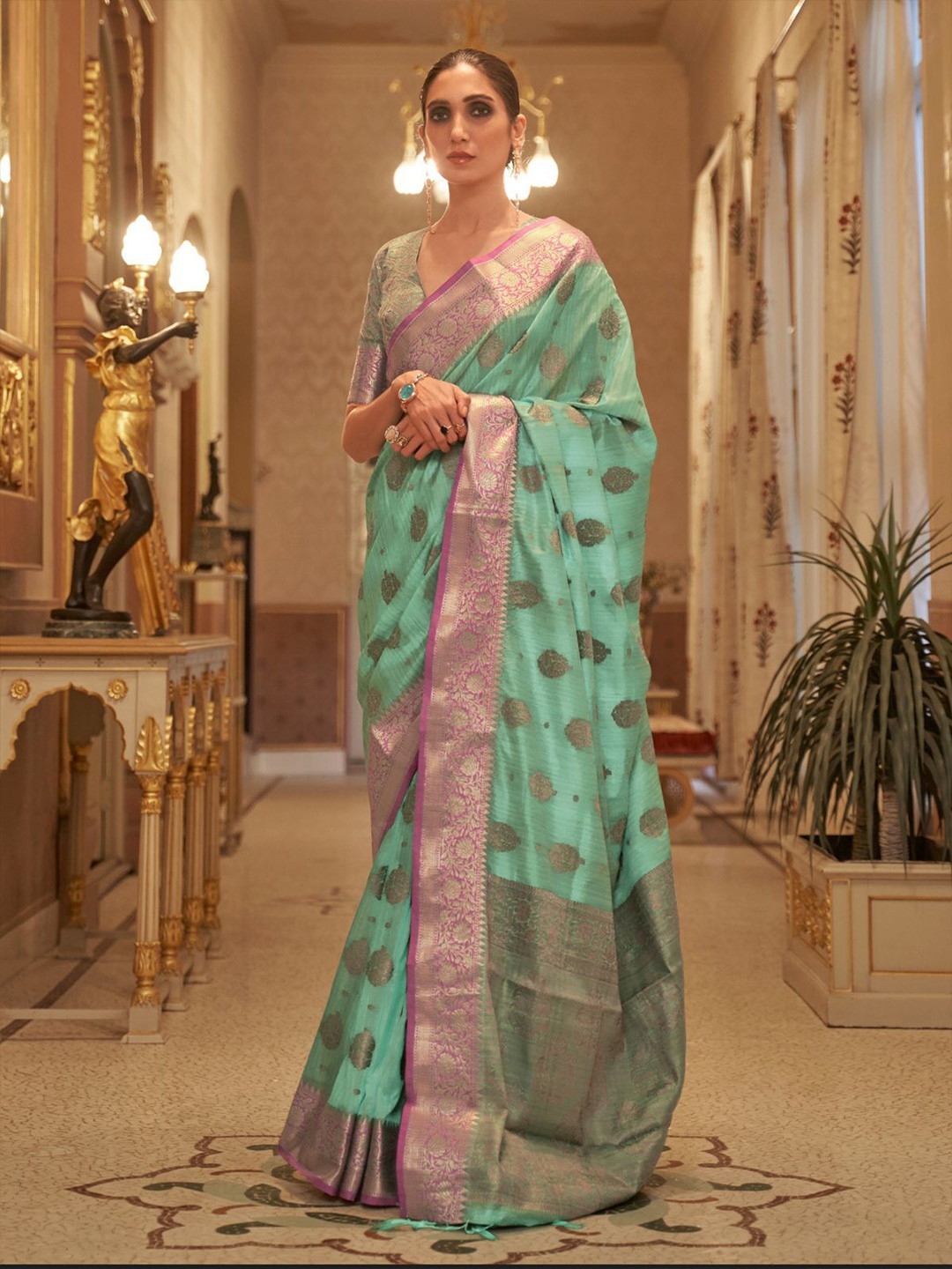 

ODETTE Ethnic Motifs Woven Design Zari Saree, Sea green