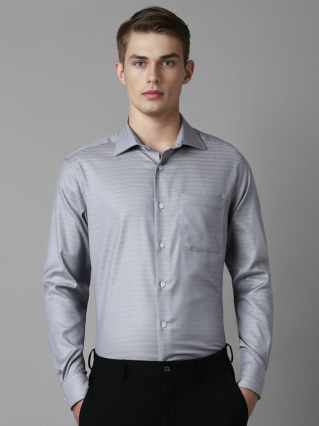 

Louis Philippe Men Classic Spread Collar Solid Cotton Formal Shirt, Grey