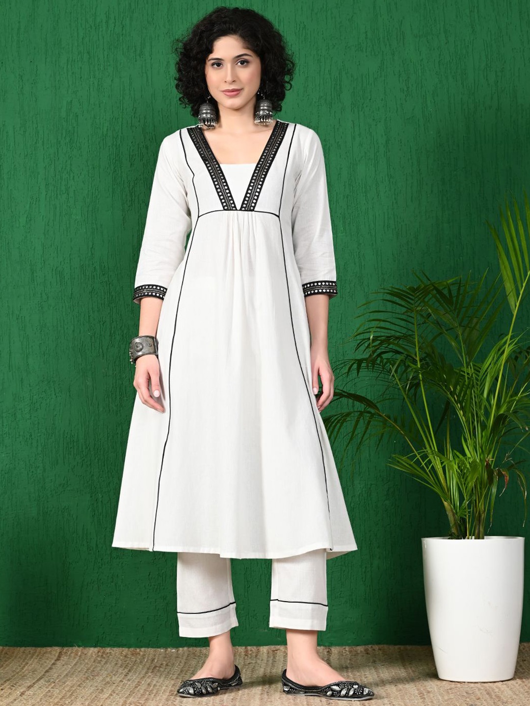 

Sangria Square Neck Mirror Work Pure Cotton A-Line Kurta With Trouser, White