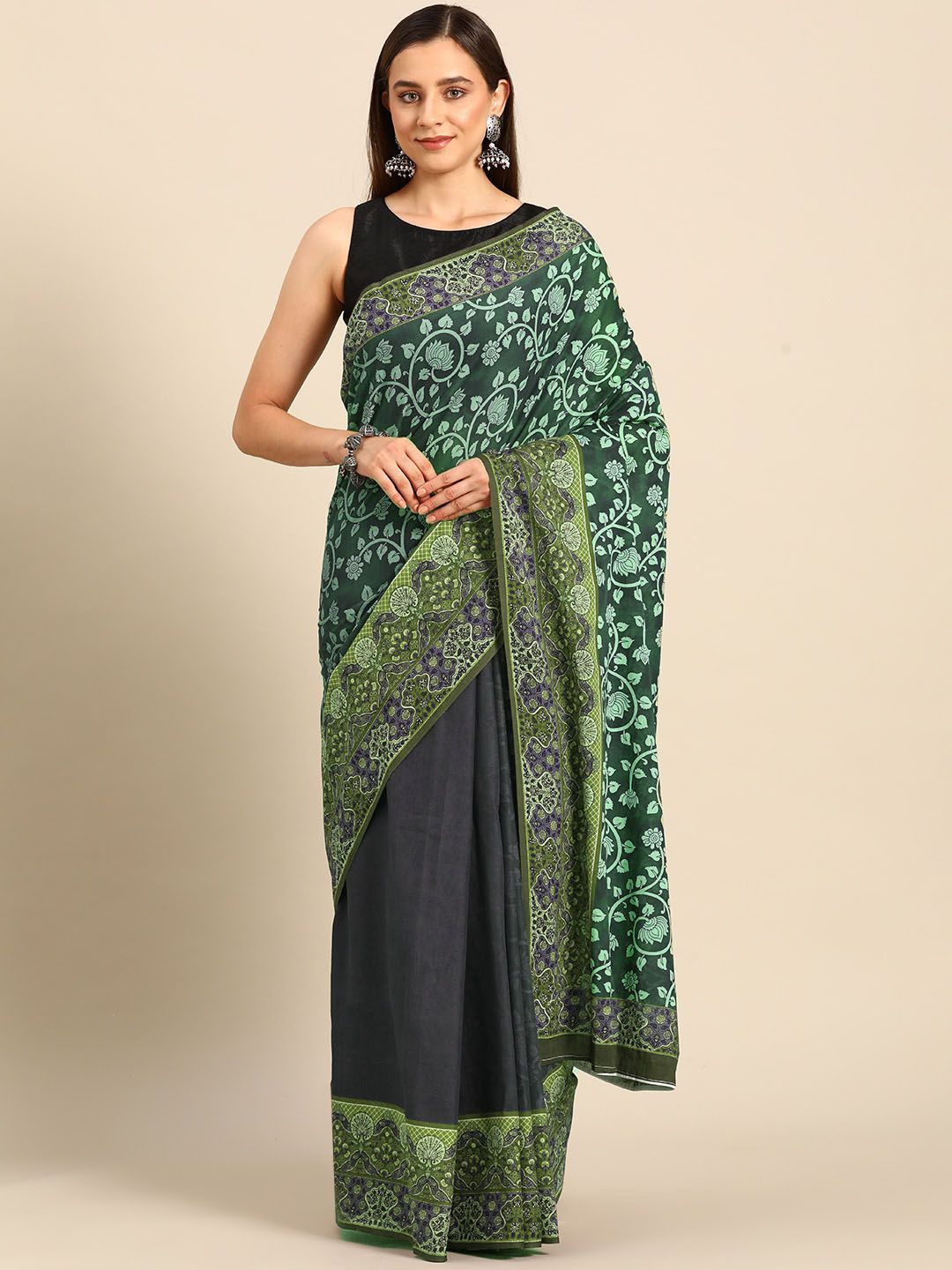 

BUTA BUTI Floral Printed Pure Cotton Saree, Olive