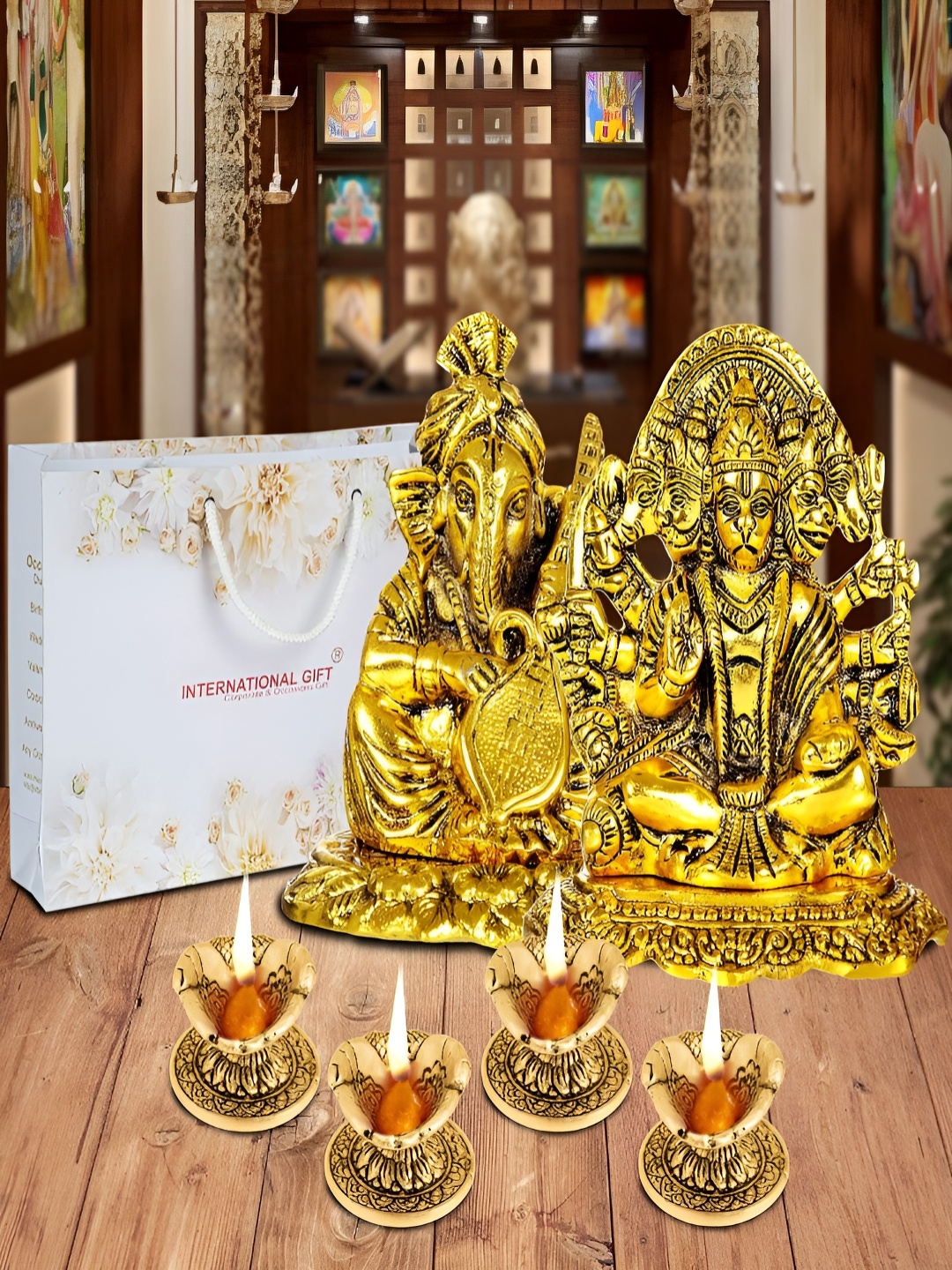 

INTERNATIONAL GIFT Gold-Toned 8 Pieces Religious Idol Showpiece With Diyas & Box