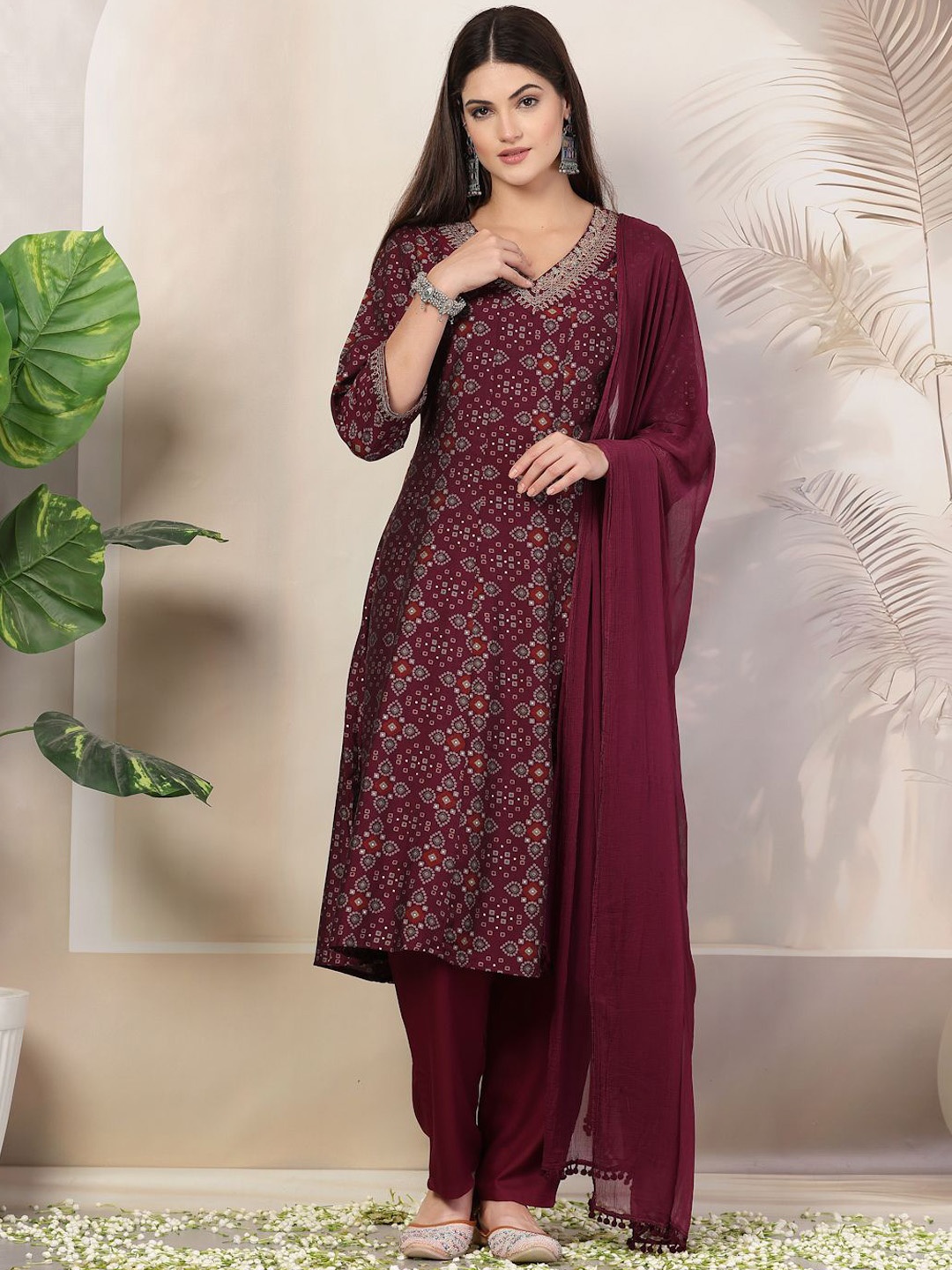 

Nayam By Lakshita Bandhani Printed Panelled Thread Work Kurta With Palazzos & Dupatta, Purple