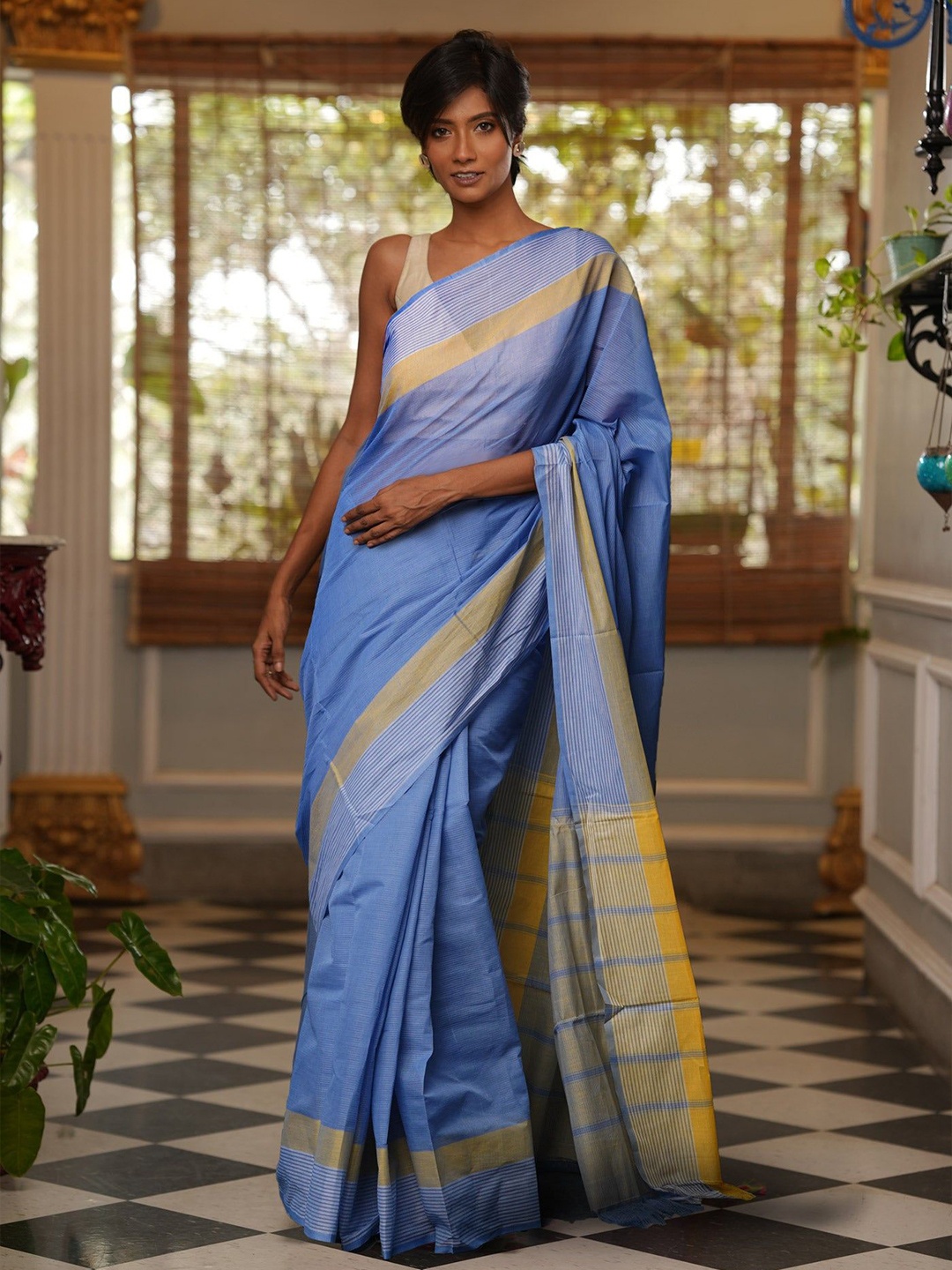 

Unnati Silks Pure Cotton Handloom Mangalagiri Saree, Blue
