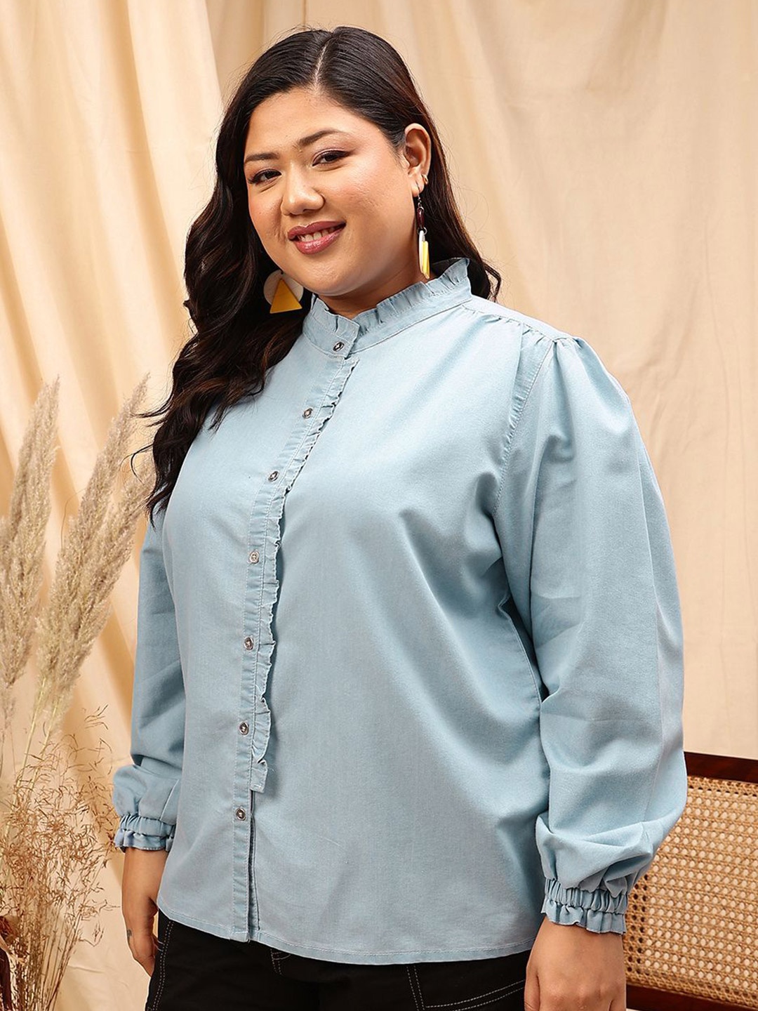 

CURVY STREET WoMen Plus Size Comfort Mandarin Collar Solid Cotton Casual Shirt, Blue