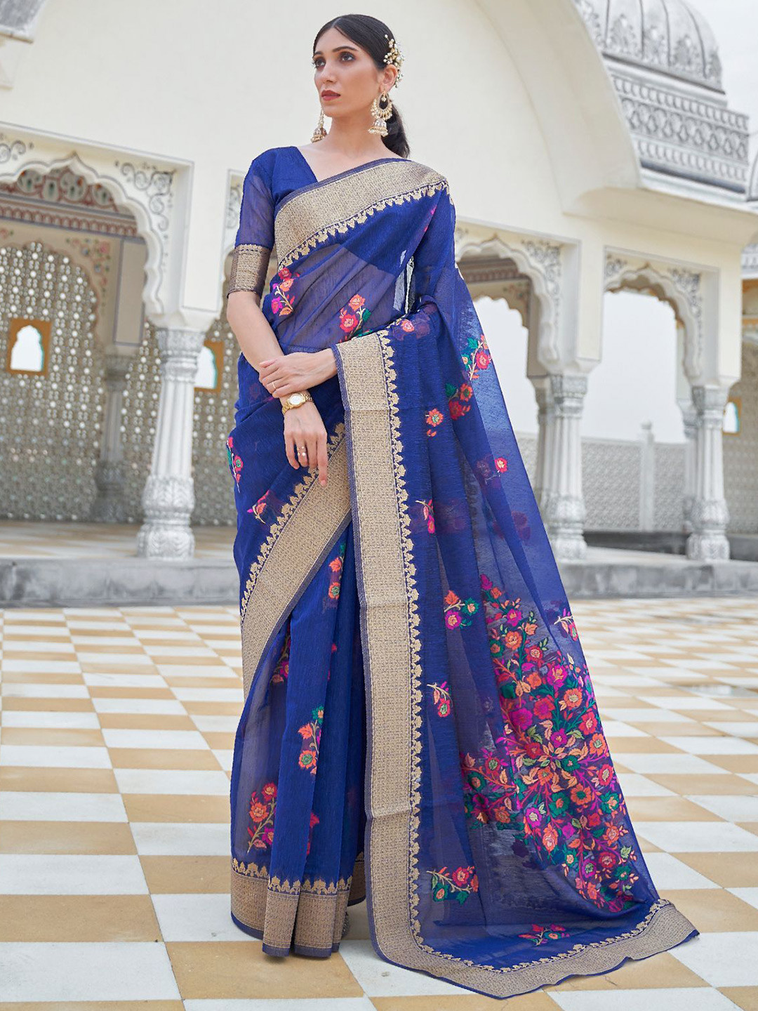 

ODETTE Woven Design Zari Saree, Blue