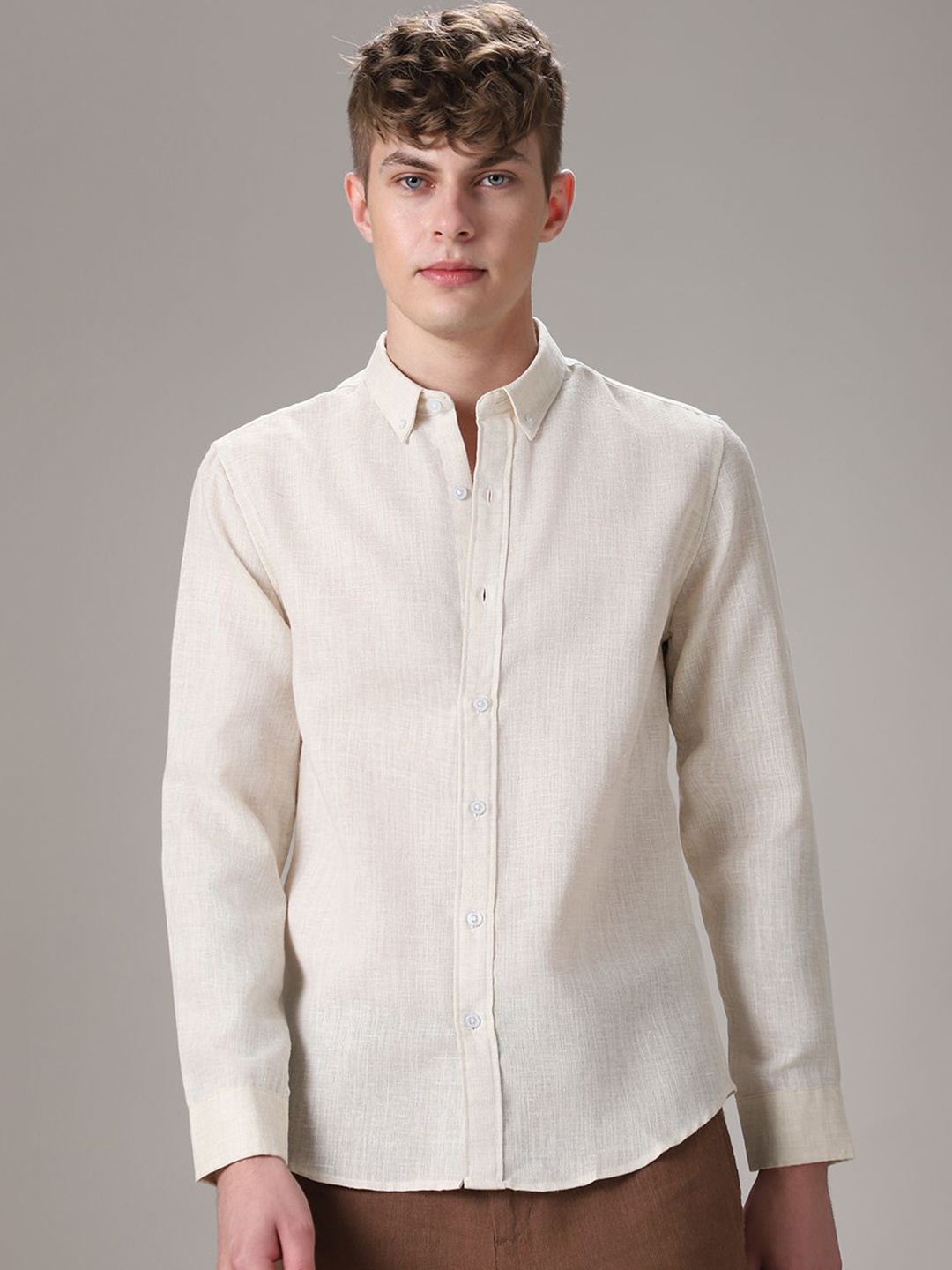 

Banana Club Men Classic Slim Fit Semi Sheer Checked Casual Linen Shirt, Cream