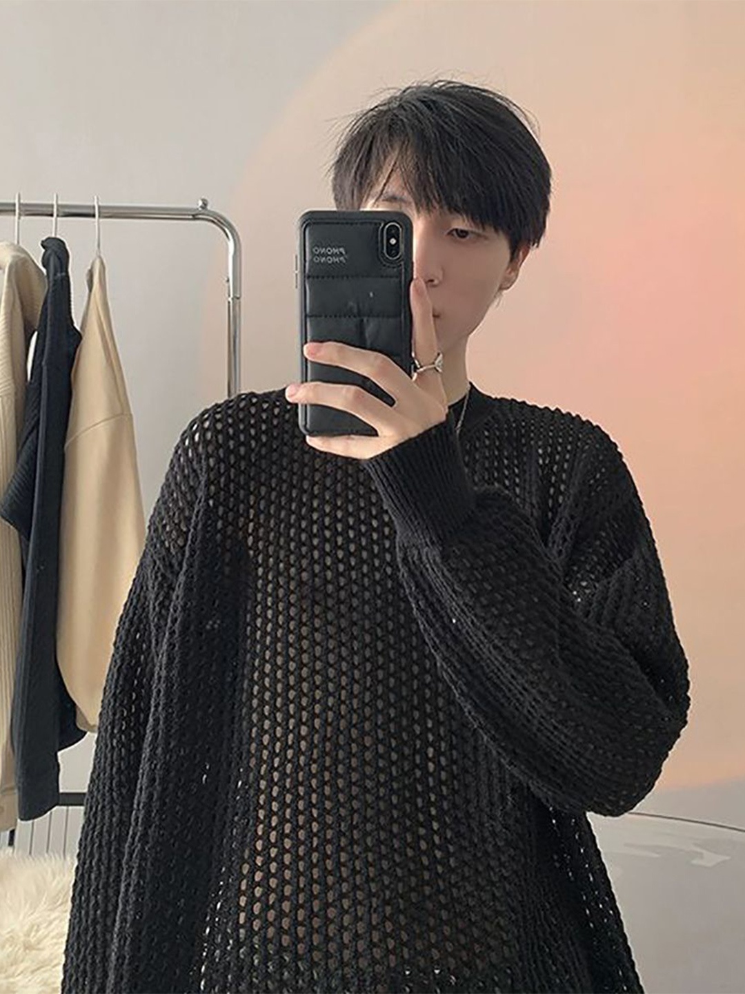 

StyleCast x Revolte Men Open Knit Pullover Sweater, Black