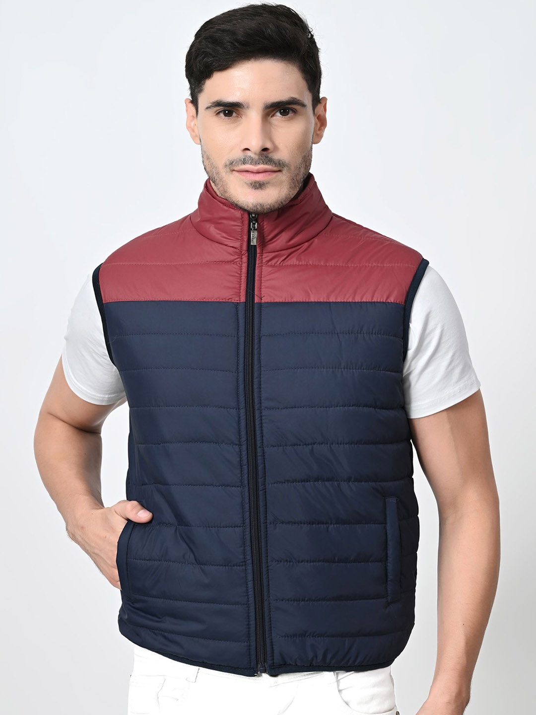 

BAESD Men Colourblocked Stand Collar Bomber Jacket, Navy blue