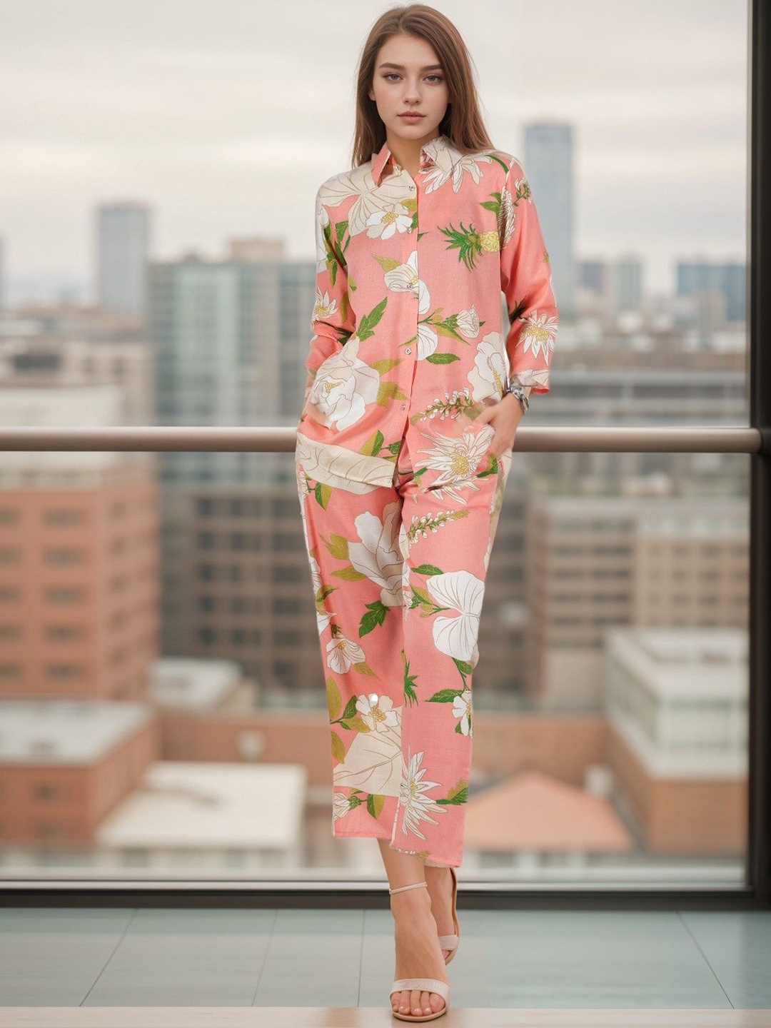 

BAESD Floral Printed Shirt With Trousers, Peach