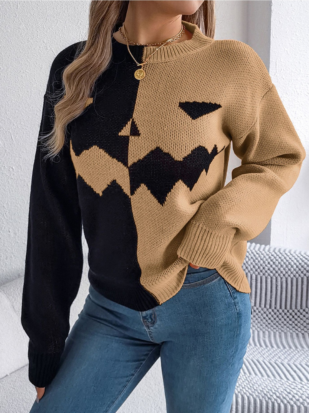 

StyleCast x Revolte Women Colourblocked Round Neck Pullover, Khaki