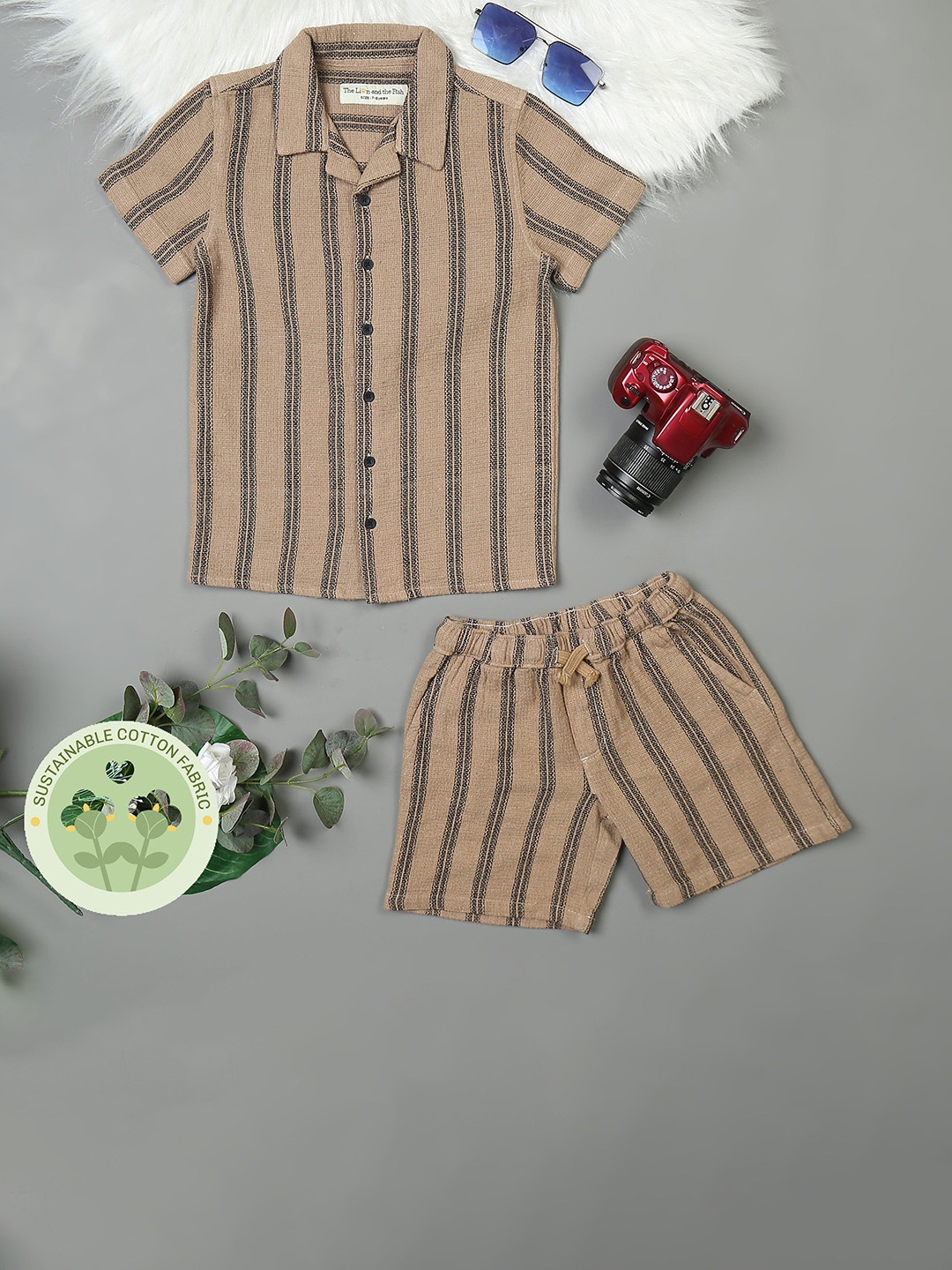 

The Lion and The Fish Boys Striped Shirt With Shorts, Khaki