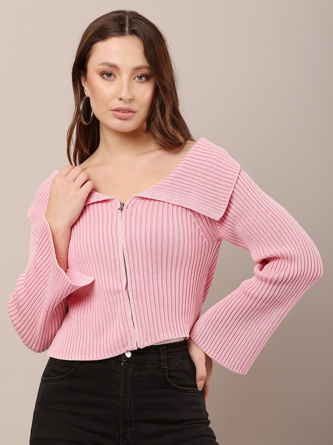 

NoBarr Women Self Design Lapel Collar Cotton Top, Pink