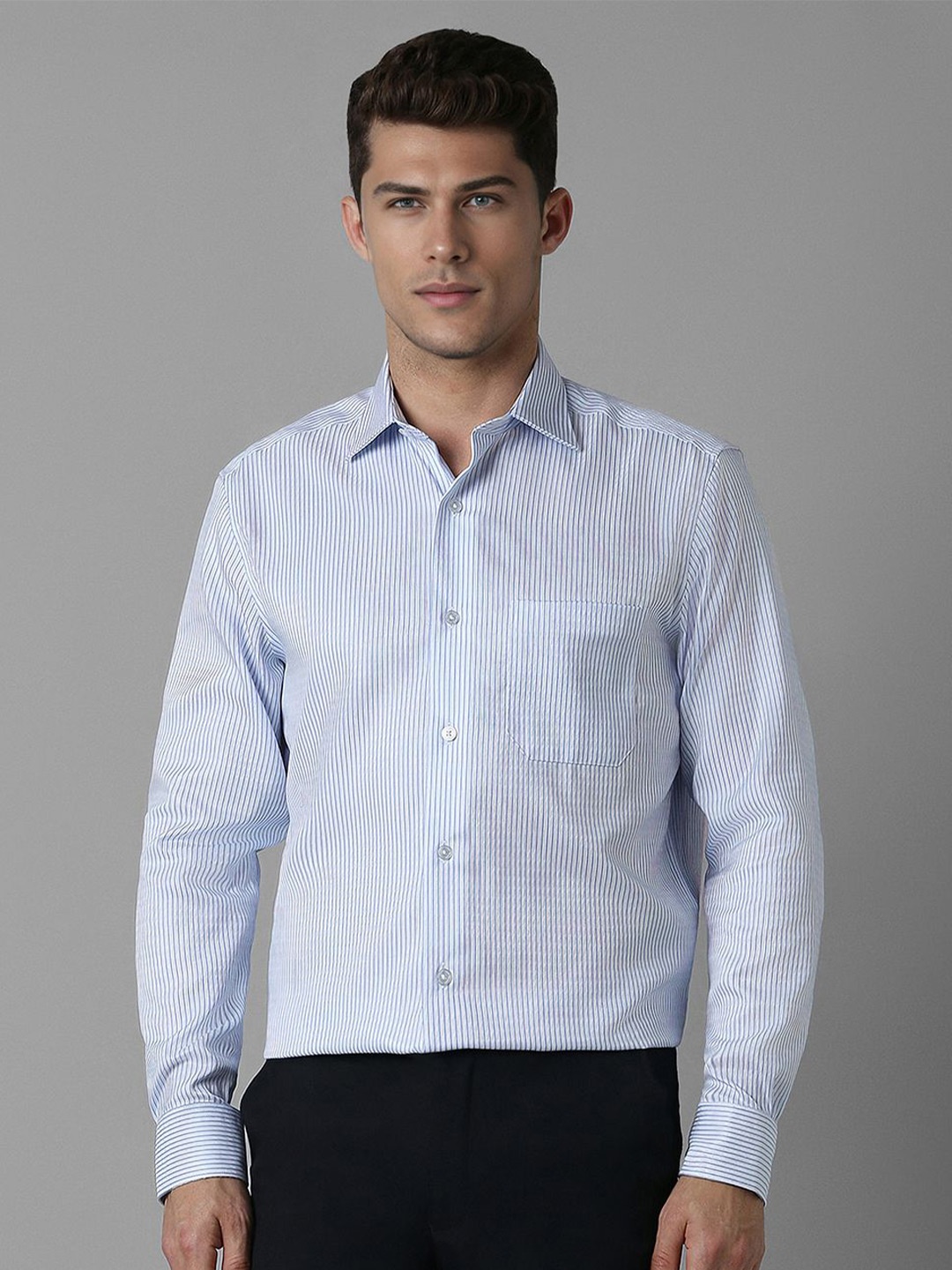 

Louis Philippe Men Classic Spread Collar Textured Printed Cotton Formal Shirt, Blue