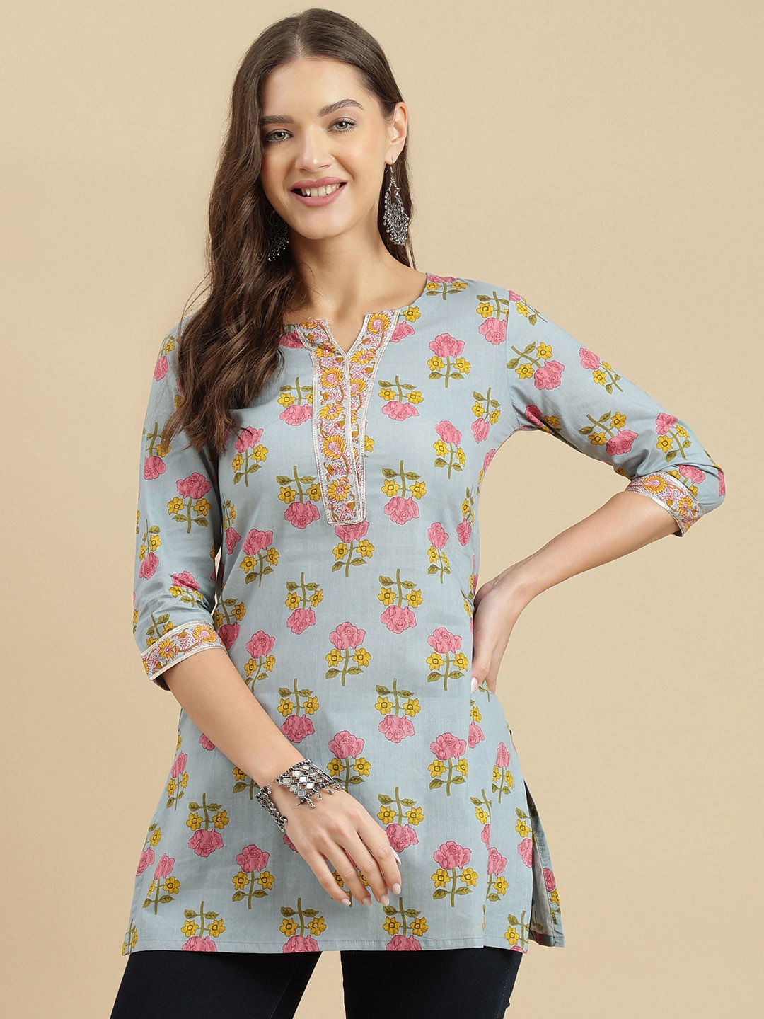 

KALINI Women Floral Printed Pure Cotton Kurti, Grey