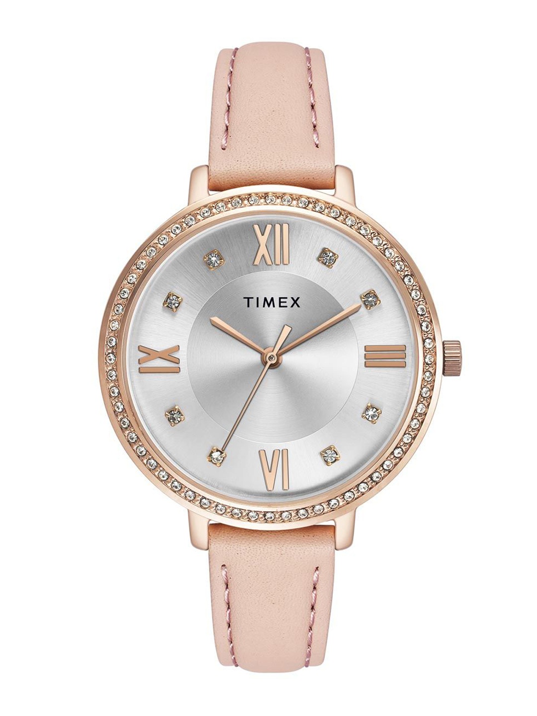 

Timex Women Brass Embellished Dial & Leather Straps Analogue Watch TWEL14714, Silver