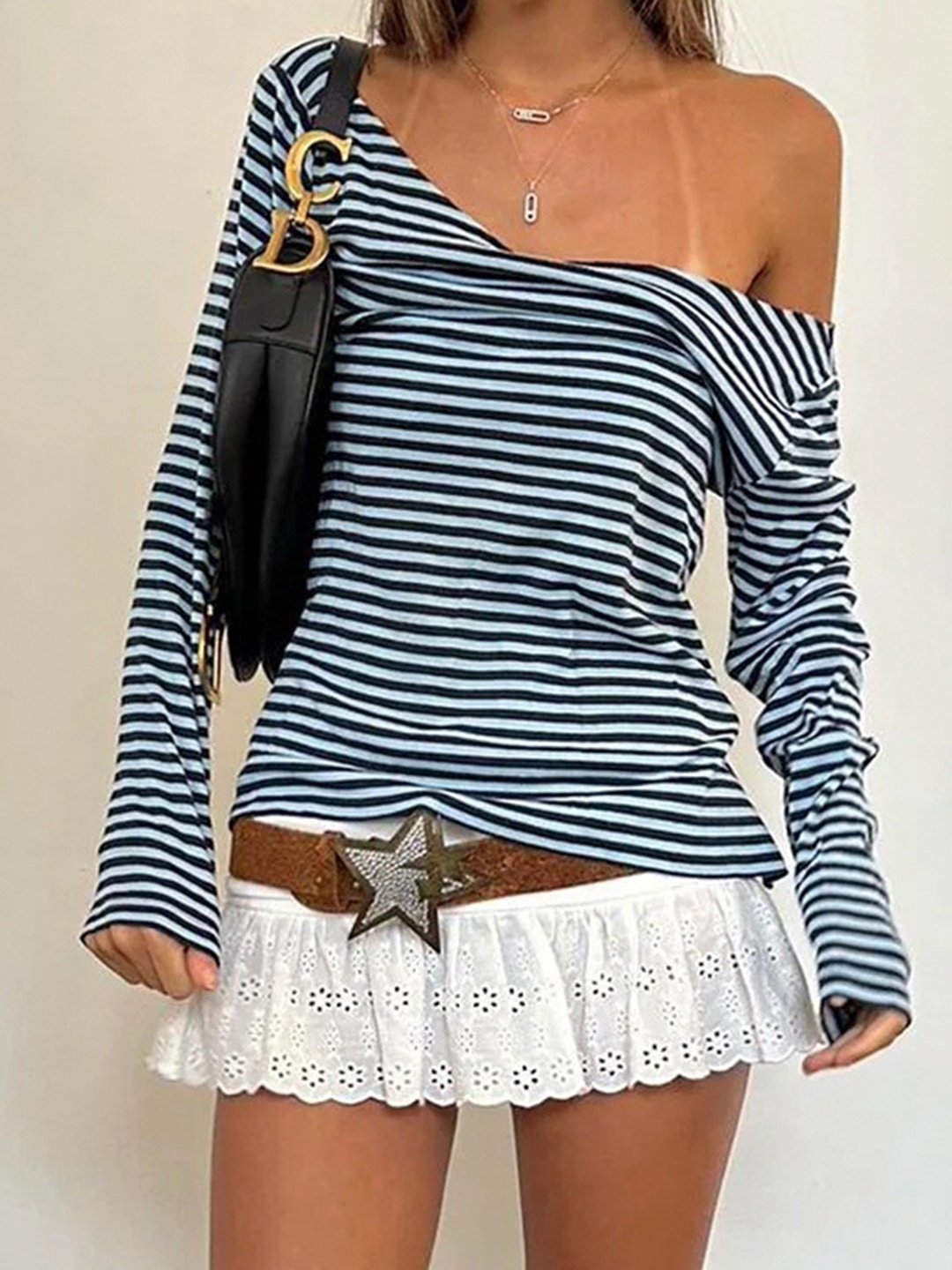 

LULU & SKY Women Horizontal Striped One Shoulder Top, Blue