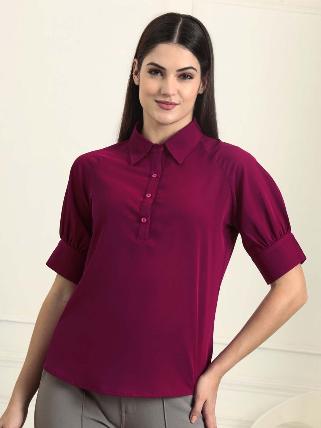

FITHUB Women Solid Shirt Collar Top, Maroon