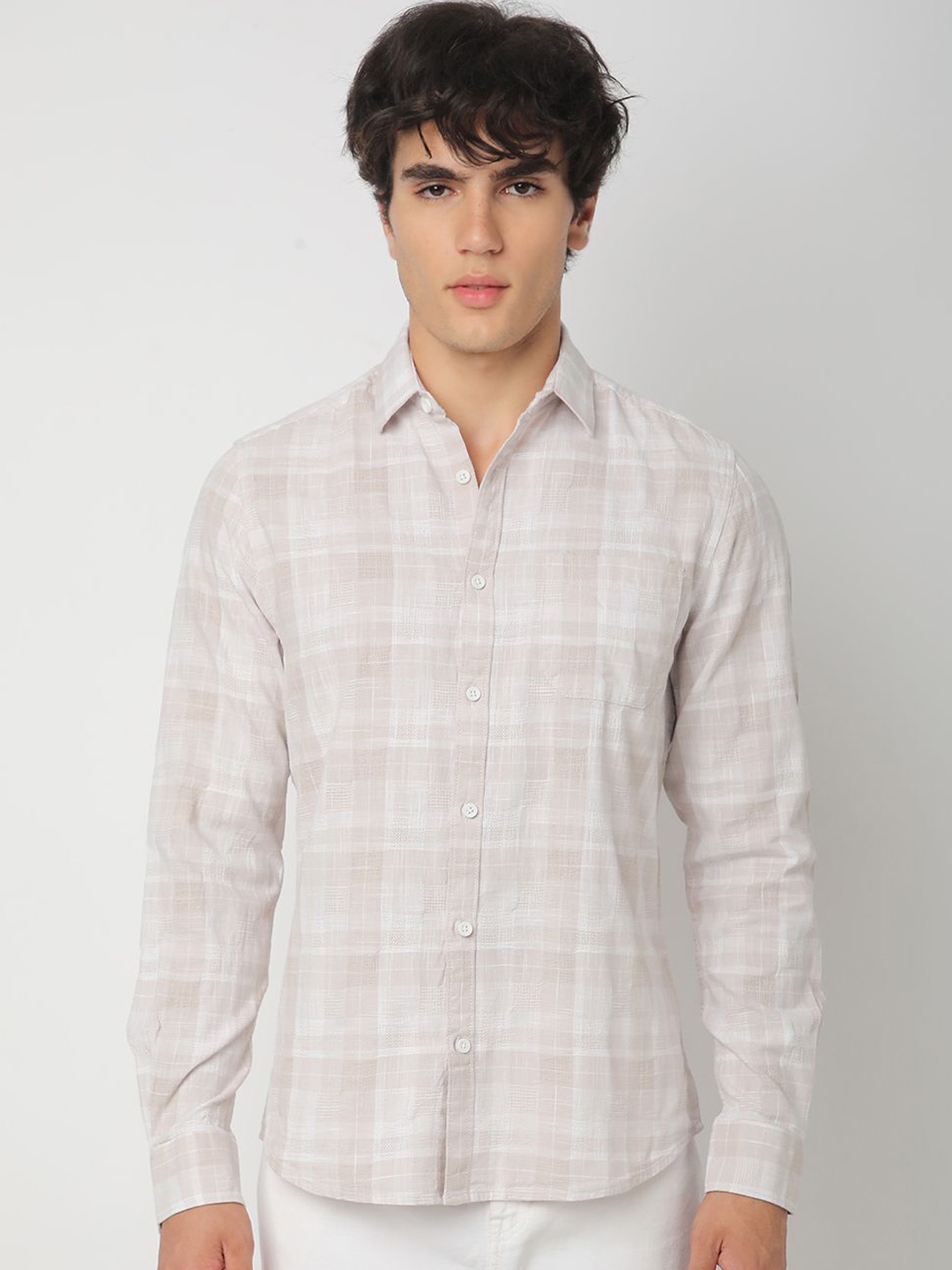 

R&B Men Cutaway Collar Tartan Checked Cotton Casual Shirt, Beige