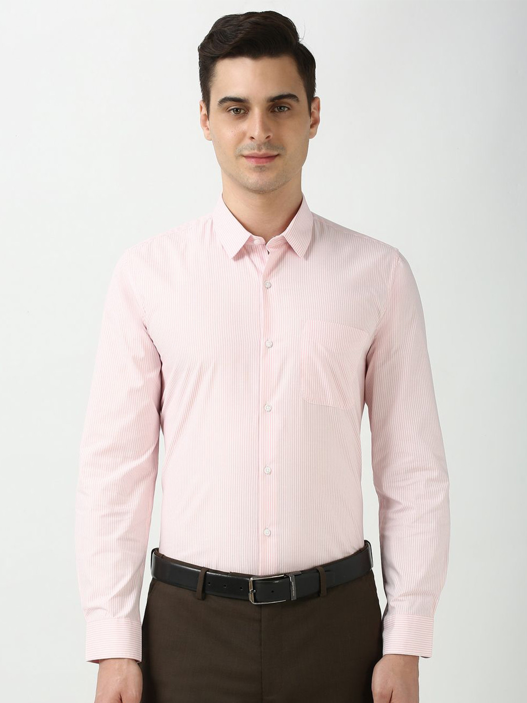 

Peter England Men Spread Collar Pin Striped Cotton Slim Fit Formal Shirt, Peach