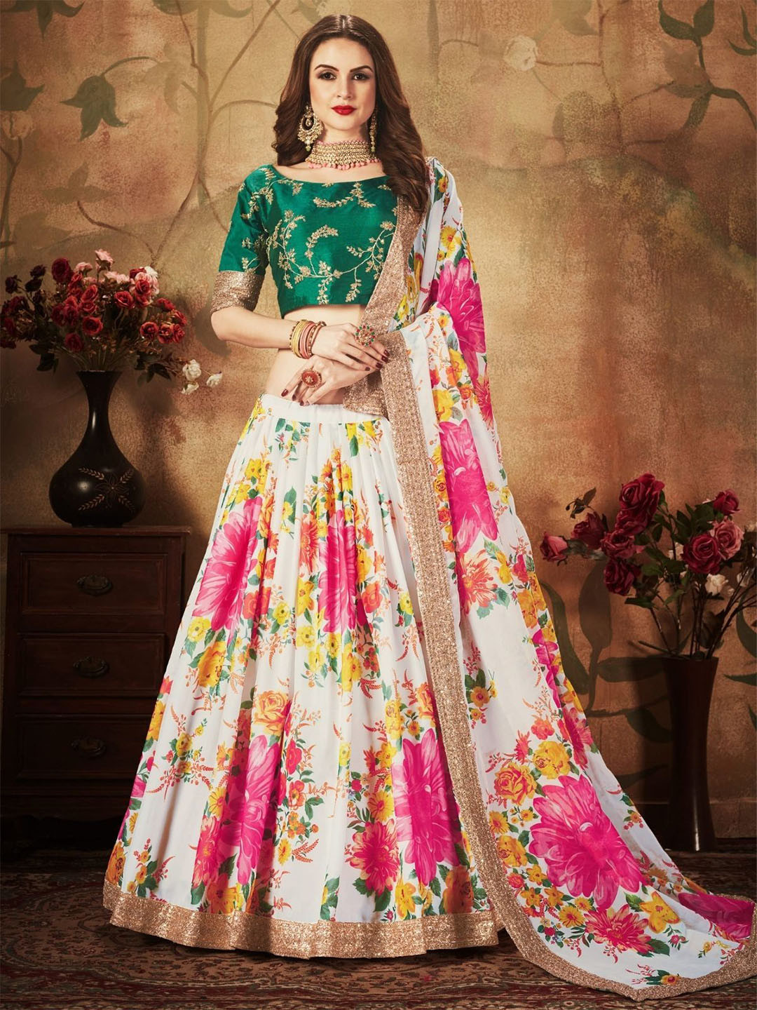 

ODETTE Floral Printed Sequinned Semi-Stitched Lehenga & Blouse With Dupatta, White