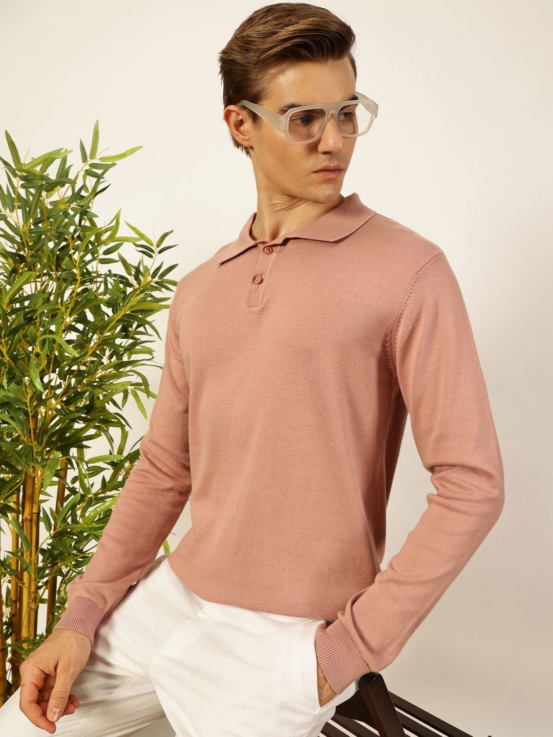 

Thomas Scott Men Knit Solid Polo Collar Cotton T-shirt, Pink