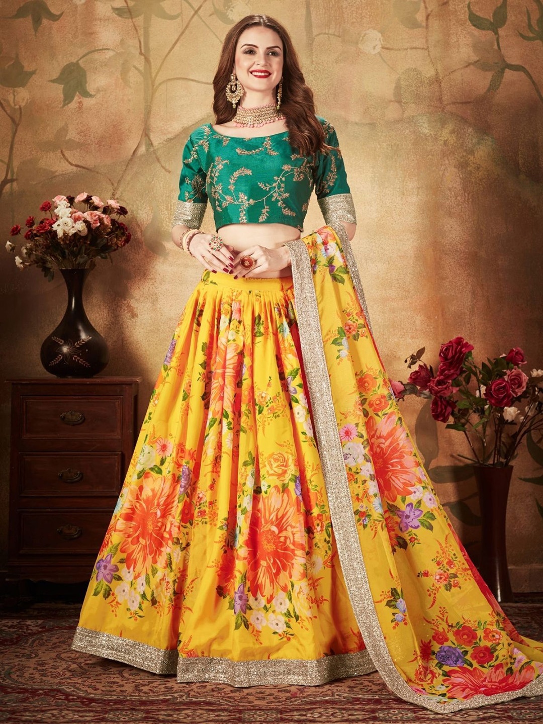 

ODETTE Floral Embroidered Sequinned Semi-Stitched Lehenga & Blouse With Dupatta, Yellow