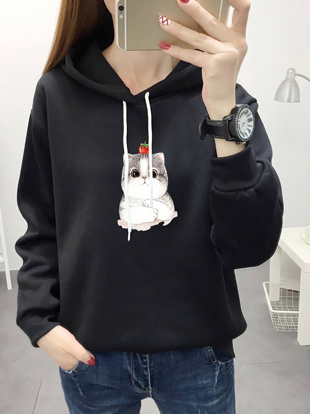 

StyleCast x Revolte Women Graphic Printed Cotton Hooded Sweatshirt, Black