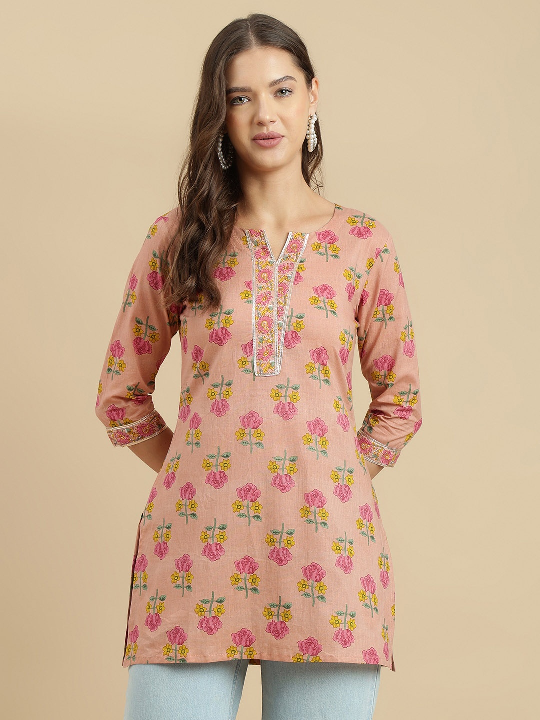 

JANAKDULARI CREATION Women Floral Printed Pure Cotton Kurti, Peach