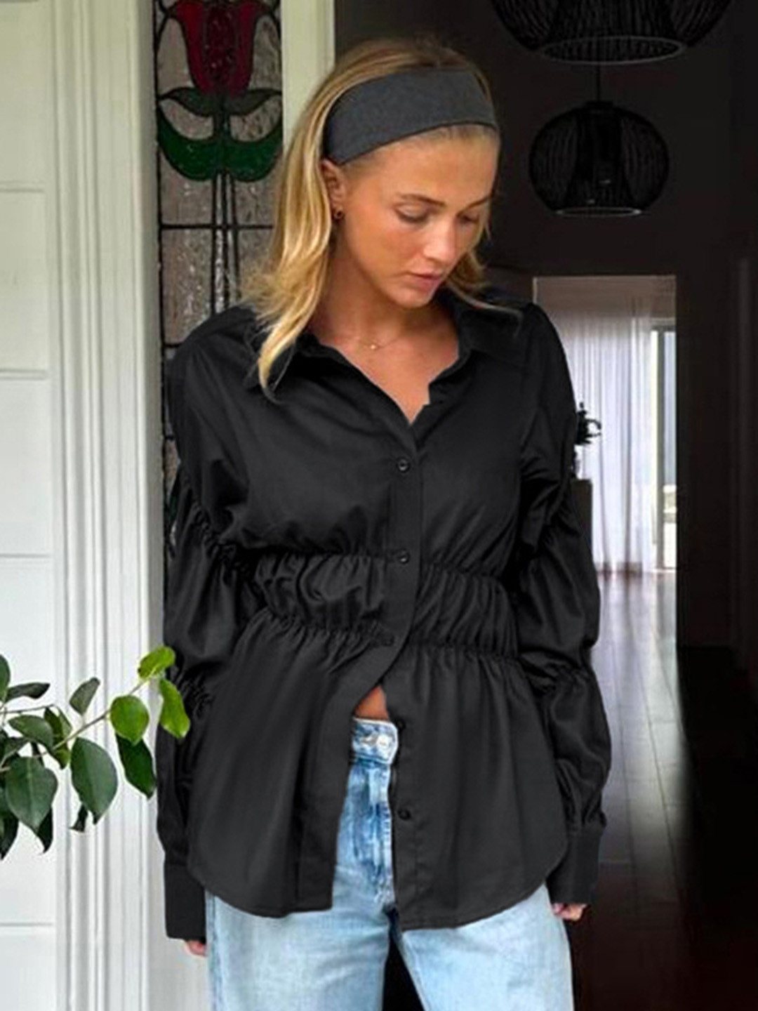 

LULU & SKY Women Solid Shirt Collar Top, Black