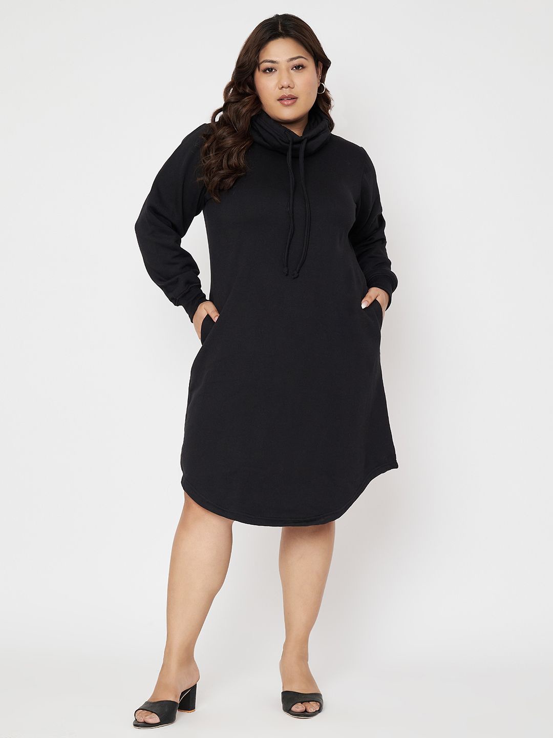 

BRINNS Cuffed Sleeves Hooded Cotton Jumper Dress, Black