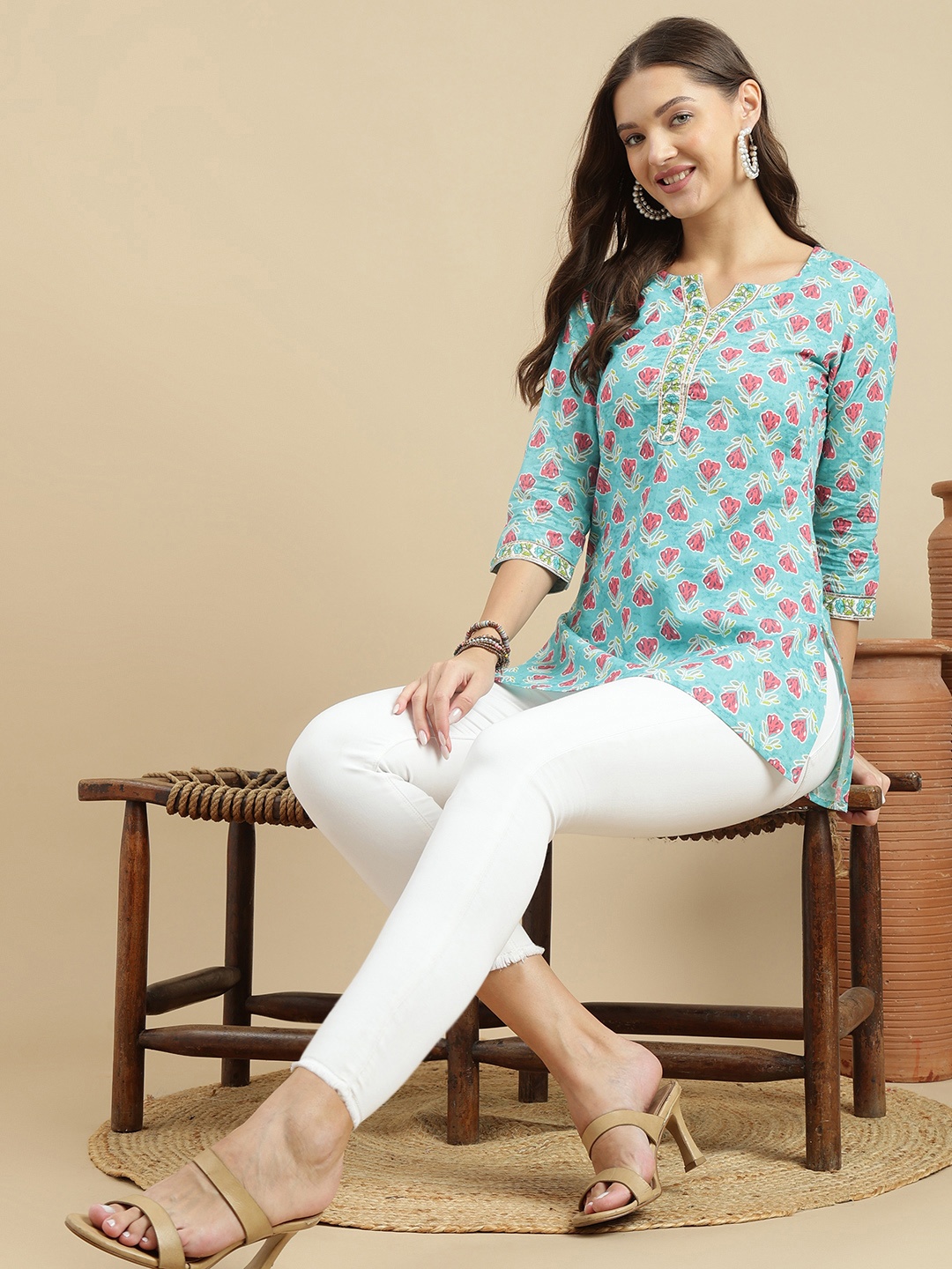 

KALINI Women Floral Printed V-Neck Cotton Top, Sea green