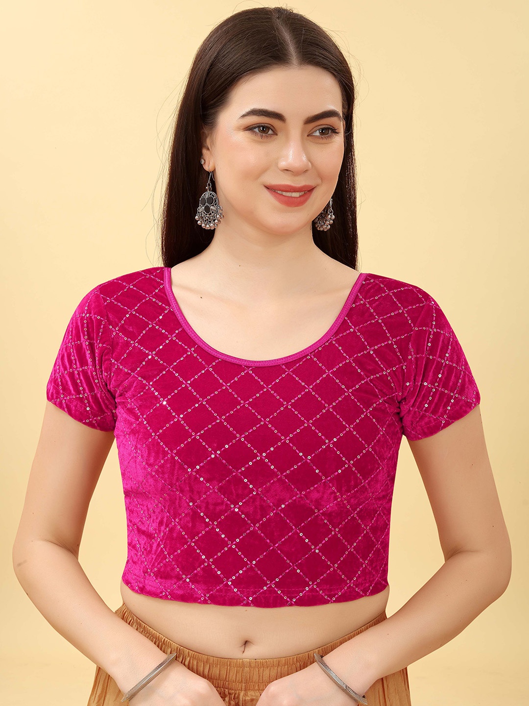 

Krimmple Women Embellished Stretchable Short Sleeves Saree Blouse, Pink