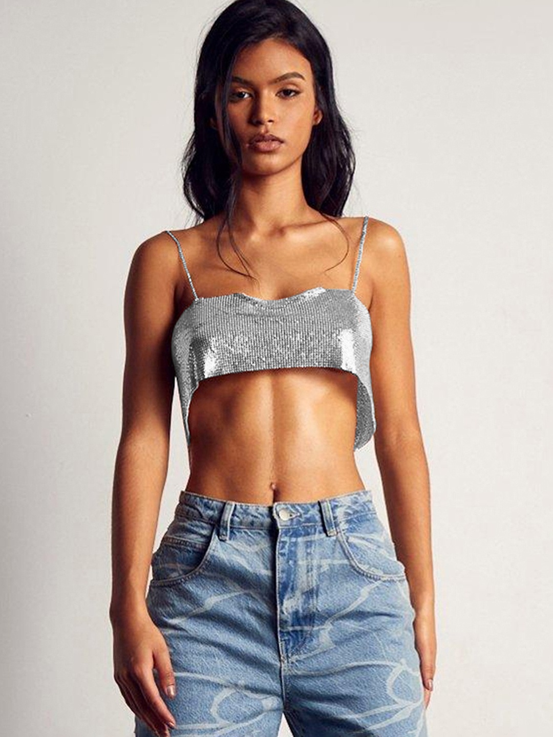 

LULU & SKY Women Self Design Shoulder Straps Crop Bralette Top, Silver